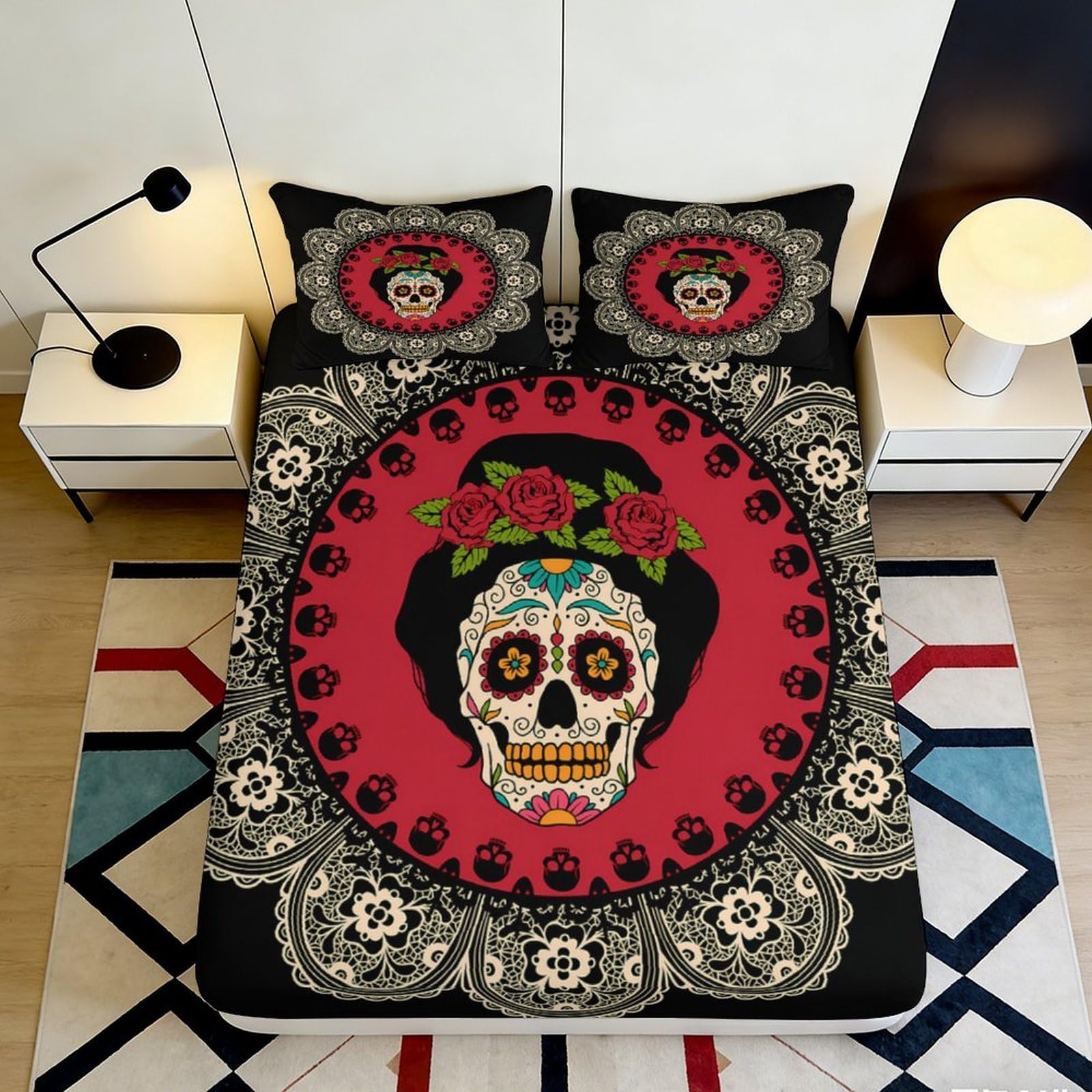3D Printed Sugar Skull Fitted Sheet Microfiber Anti-Slip Floral Day of the Dead Bed Cover for Bedroom Guestroom Decor 90x200x25cm