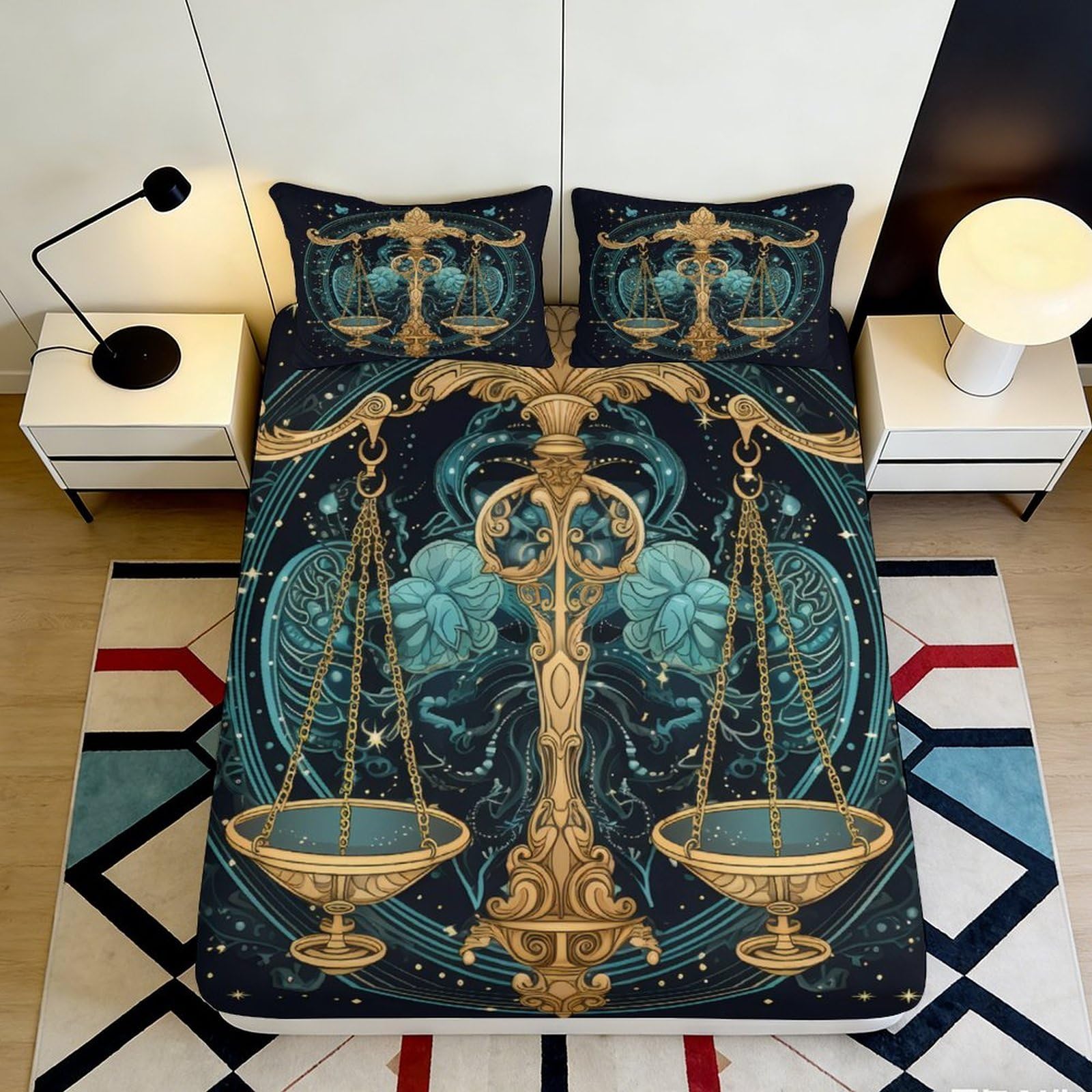 3D Printed Libra Scales Fitted Sheet Microfiber Black Gold Zodiac Bed Cover for Bedroom Dorm Mattress Decor 90x200x25cm