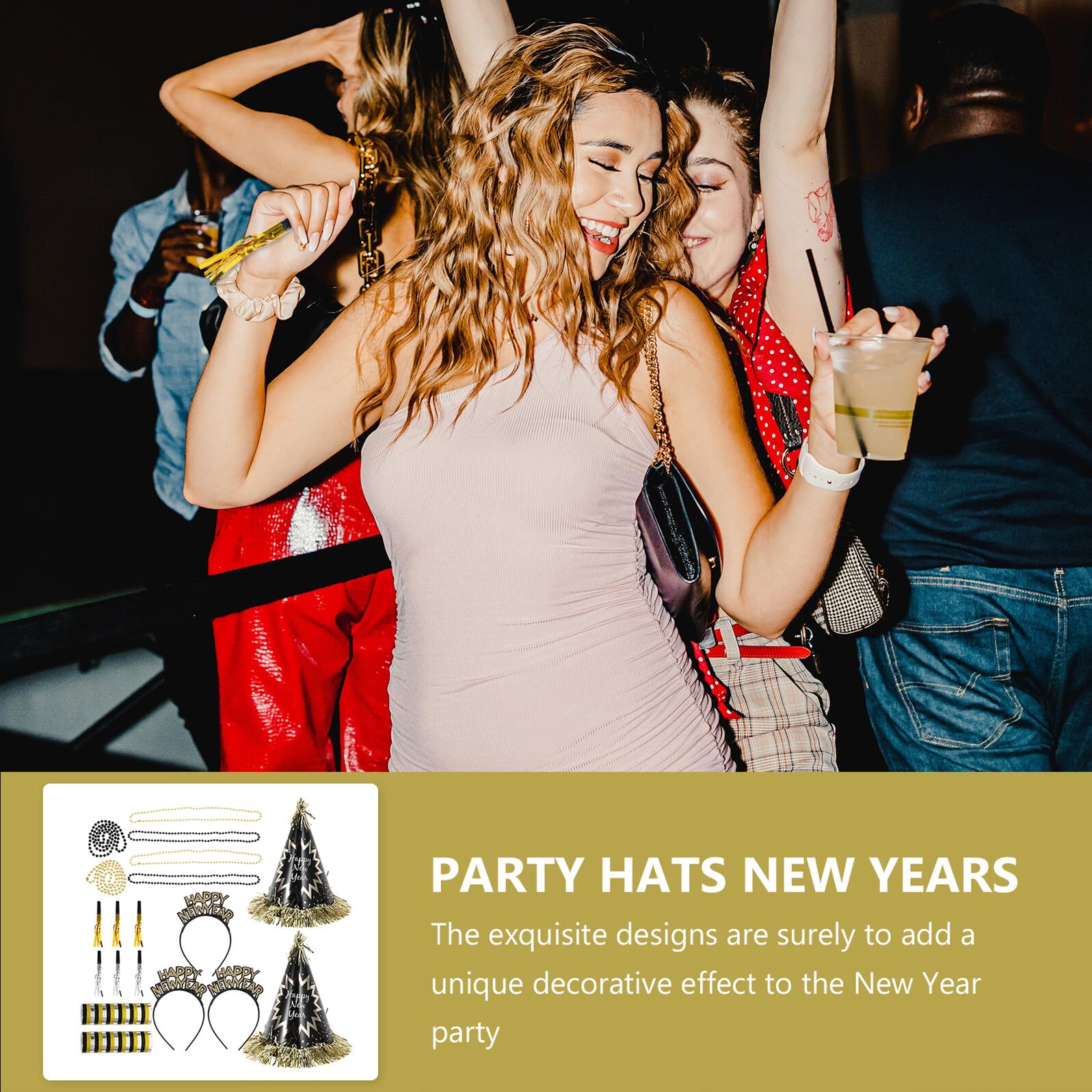 NOLITOY 1bolsa Sombrero de Fiesta de Año Conjunto de Decoración para Nochevieja Collares de Cuentas Aros Pelo Sombreros Cónicos Accesorios para Fiestas de Año para Celebraciones