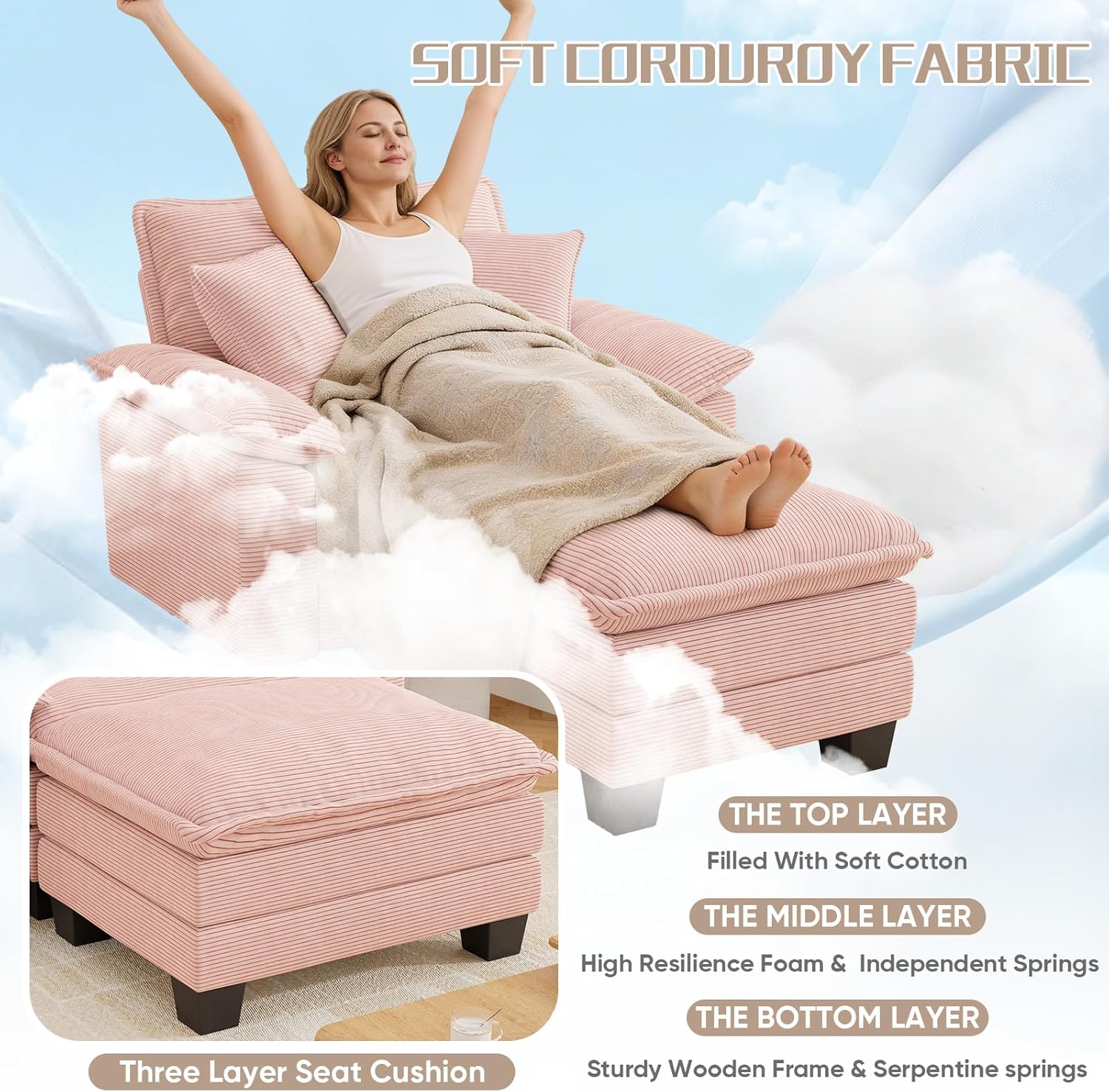 Chaise Lounge Chair Indoor, Oversized Accent Chairs with Ottoman, Luxury Corduroy Upholstered Deep Seat Sleeper Sofa Reading Chairs and A Half with Pillows for Living Room, Bedroom, Apartment, Pink