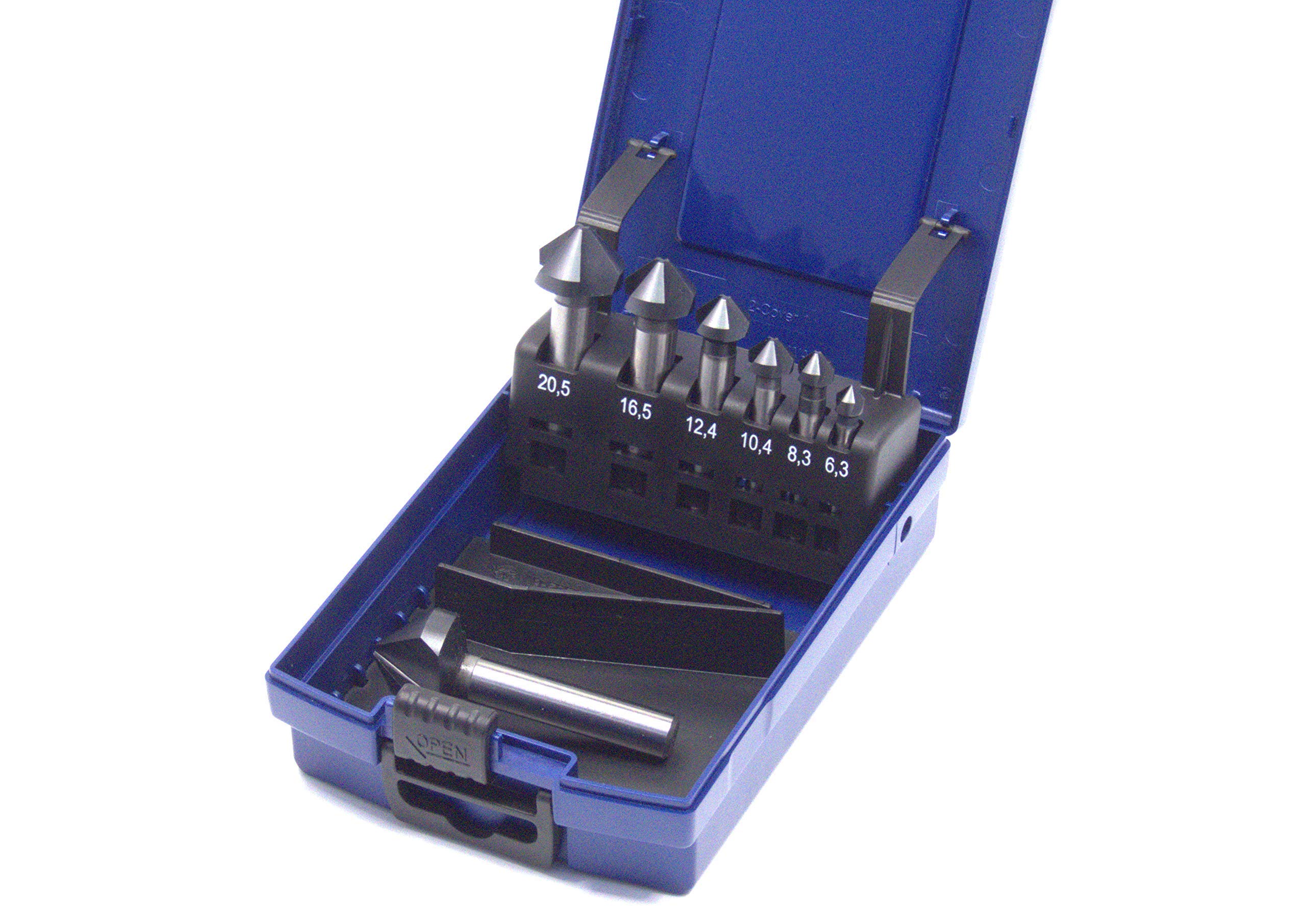 Juego de avellanadores cónicos (5 piezas, sin revestimiento, 6,3 mm - 25 mm, HSS-G, ángulo de 90°, en caja rosa), 7-teilig TiAlN mit Schmierstift, 7 piezas TiAlN con lápiz lubricante.