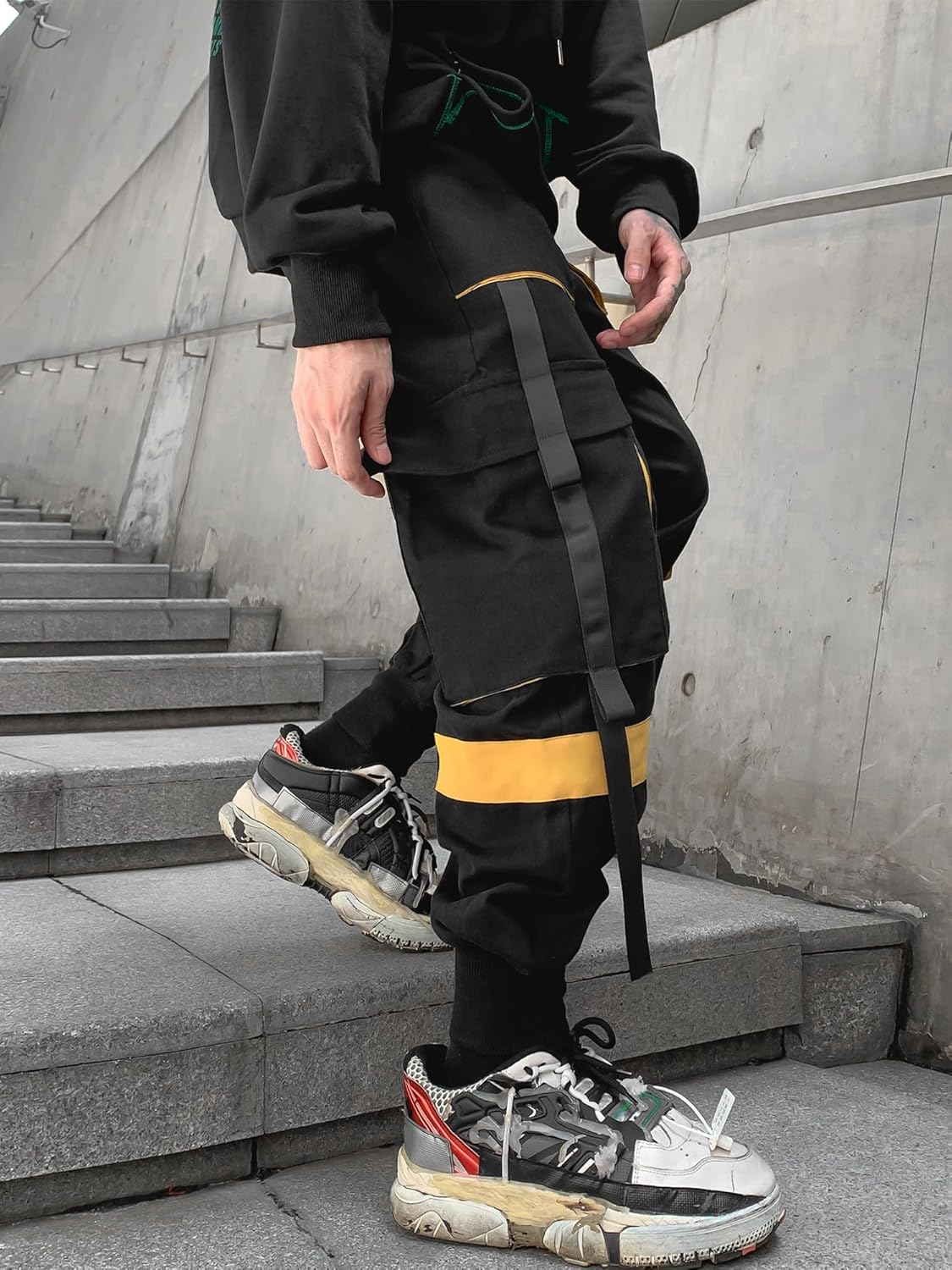 Mens Joggers Cargo Pants Streetwear Fashion Hip Hop Sports Casual Active Athletics Cool Pants for Men Black-Yellow Large - Image 5