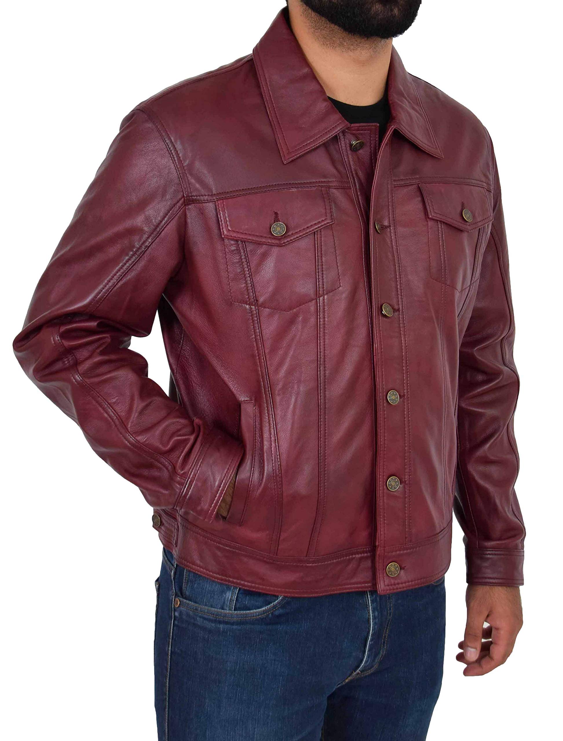 Chaqueta de camionero de cuero suave para hombre, abrigo estilo vaquero occidental americano, color burdeos