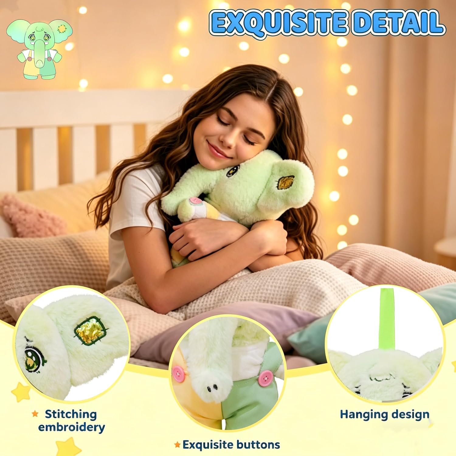 Soft Plush Elephant Stuffed Animal, 9.8 Inch Cute Plushie with Removable Overalls, Gift Box Packed, Perfect Children's Day Gift, Soft Doll Toy for Kids Teens Collectors, Home Desk Decor, Green