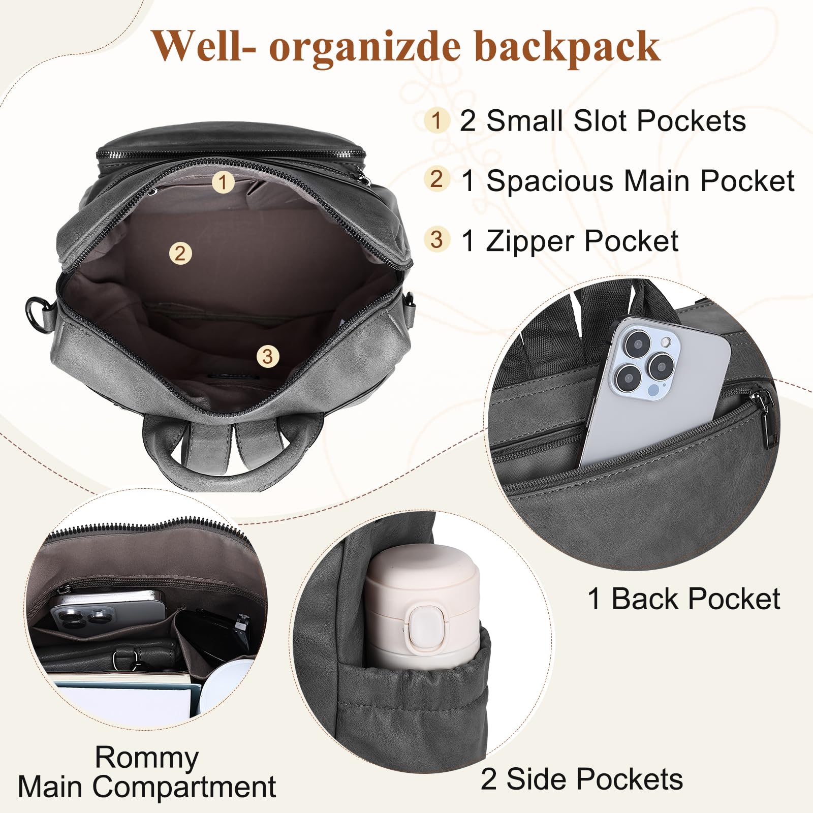 Mochila Mujer de Cuero PU Mochila Pequeña Mujer con Convertible en 2 Formas de Llevar Mochila Mujer Casual para Diario