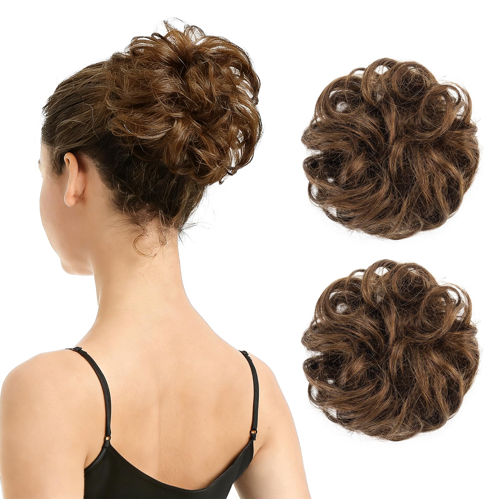 BARSDAR 100% Human Hair Bun Extension - 2 PCS Real Human Hair Brown Messy Bun Scrunchie for Women - Elastic Wavy Medium Chestnut Brown Updo Extensions