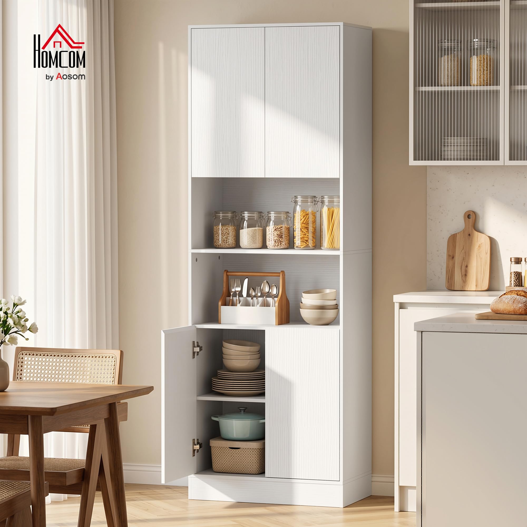HOMCOM Alacena de Cocina Alta 4 Puertas, Cierre Suave 60x30x170 cm Blanco | Mueble Auxiliar de Cocina, Estantes Ajustables, 2 Compartimentos Abiertos, para Comedor, Salón