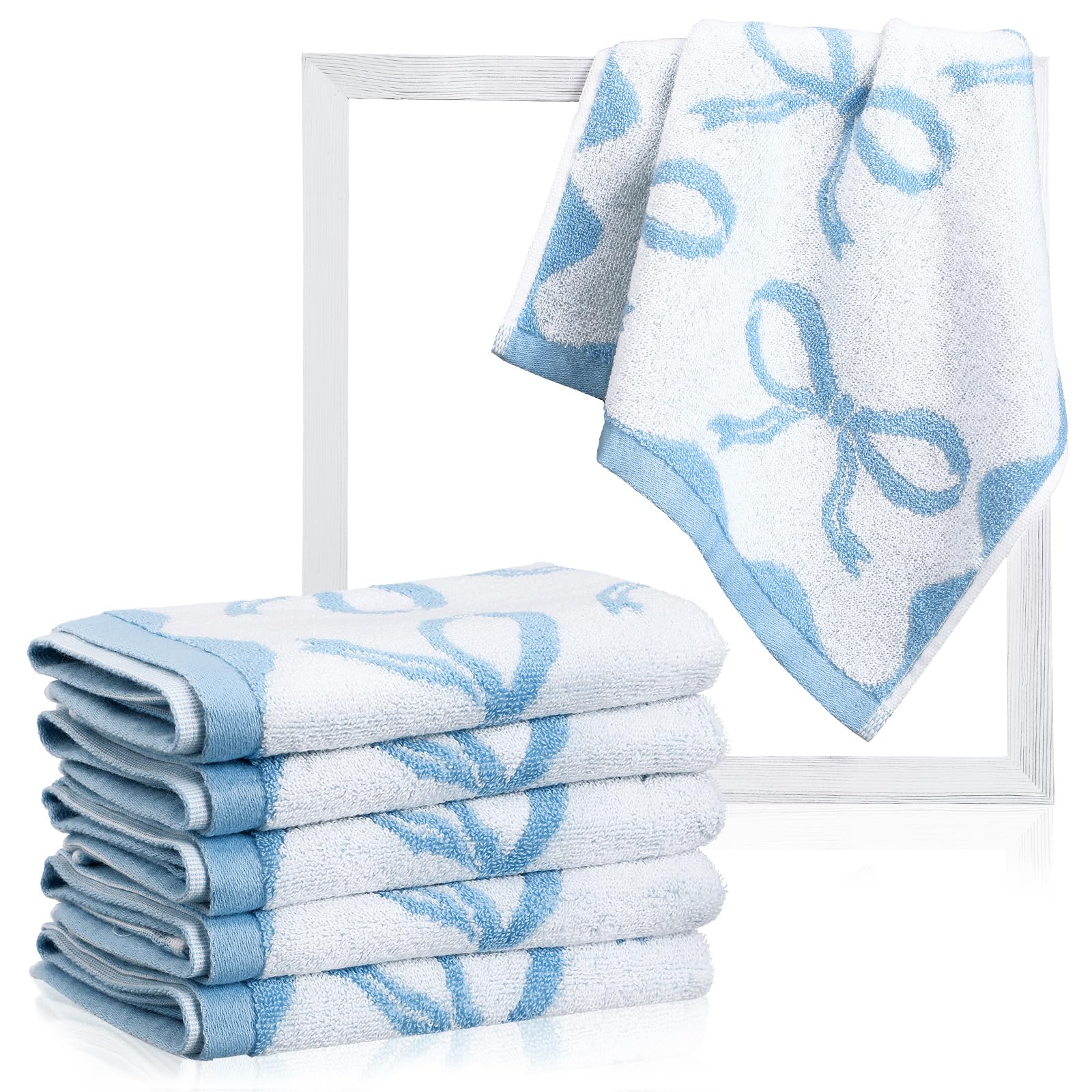 Coume 6 Pcs Blue Bow Washcloths 100% Cotton Wash Cloths 13" x 13" Coquette Small Face Towels Absorbent Soft Preppy Wash Cloths & Hand Bath Towels for