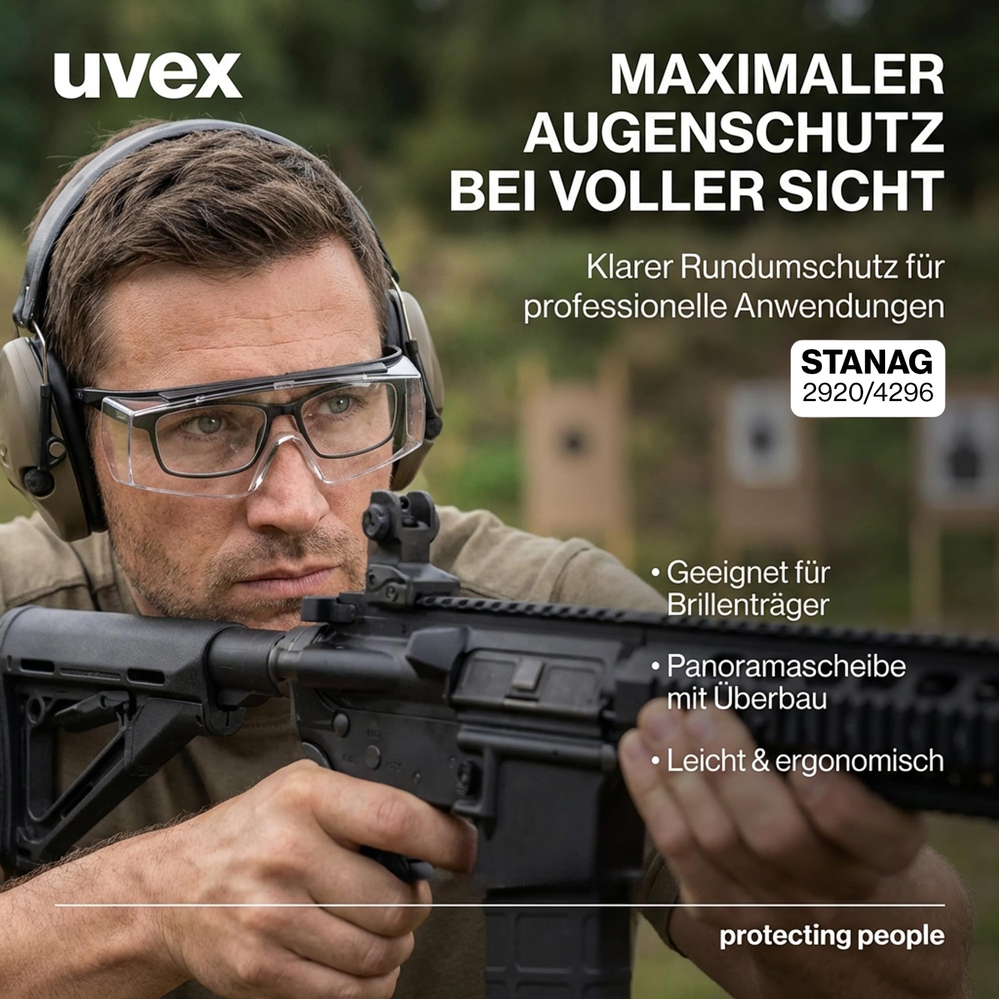 Uvex Super f STANAG 2920/4296 Lunettes de protection OTG pour porteurs de lunettes, anti-buée et anti-rayures, champ de vision clair pour les tirs et l'entraînement, avec étui et accessoires