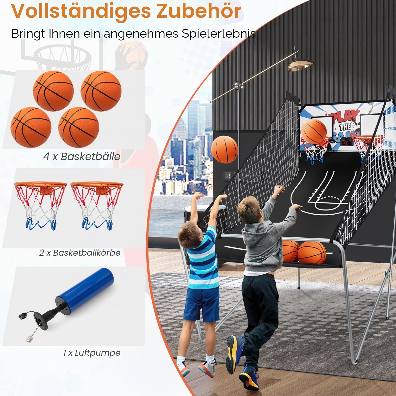 KOMFOTTEU Basketballautomat klappbar, elektronische Basketballwurfmaschine mit 2 Basketballkörbe, Basketball Schießmaschine inkl. 4 Bälle & Pumpe, Basketballkorb mit Ständer Punktezähler (Weiß)