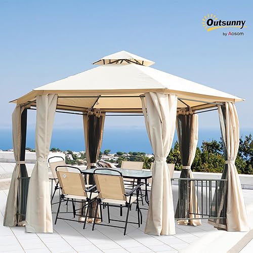 Miniatura 2 de Outsunny Gazebo de patio de 13 x 13 pies, toldo hexagonal de doble techo para exteriores, con malla y cortinas, marco de acero sólido para jardín,