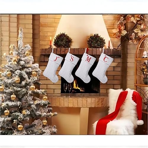 Miniatura 6 de Medias de Navidad con monograma de punto blanco de 19.5 pulgadas, medias de Navidad con inicial personalizadas, decoración de fiesta de Navidad