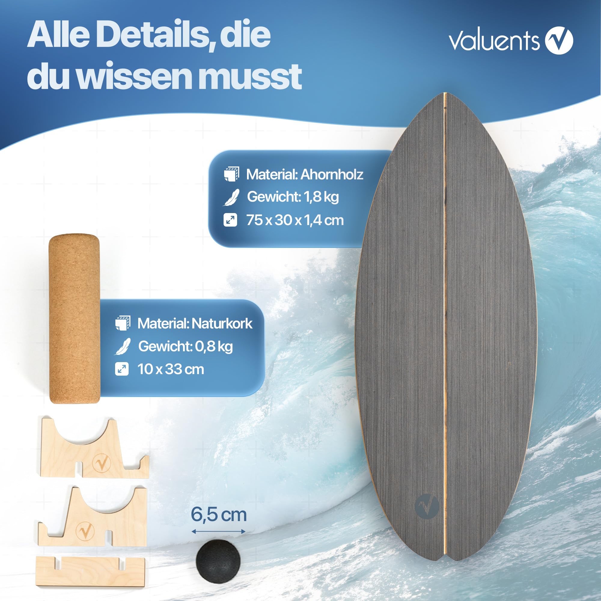 Balance Board aus Holz in – mit abgerundeten Ecken – inkl. Rolle für Neuromuscular Response Training +Plus: Halterung & Ball