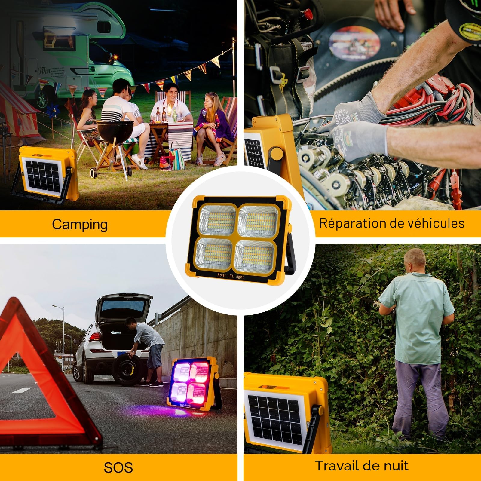 Projecteur Led Rechargeable 100W: Projecteur Led Chantier | avec Panneau Solaire - 12000mAh USB Lampe Chantier 4 Mode d'éclairage Idéal pour Camping Travail Garage Atelier
