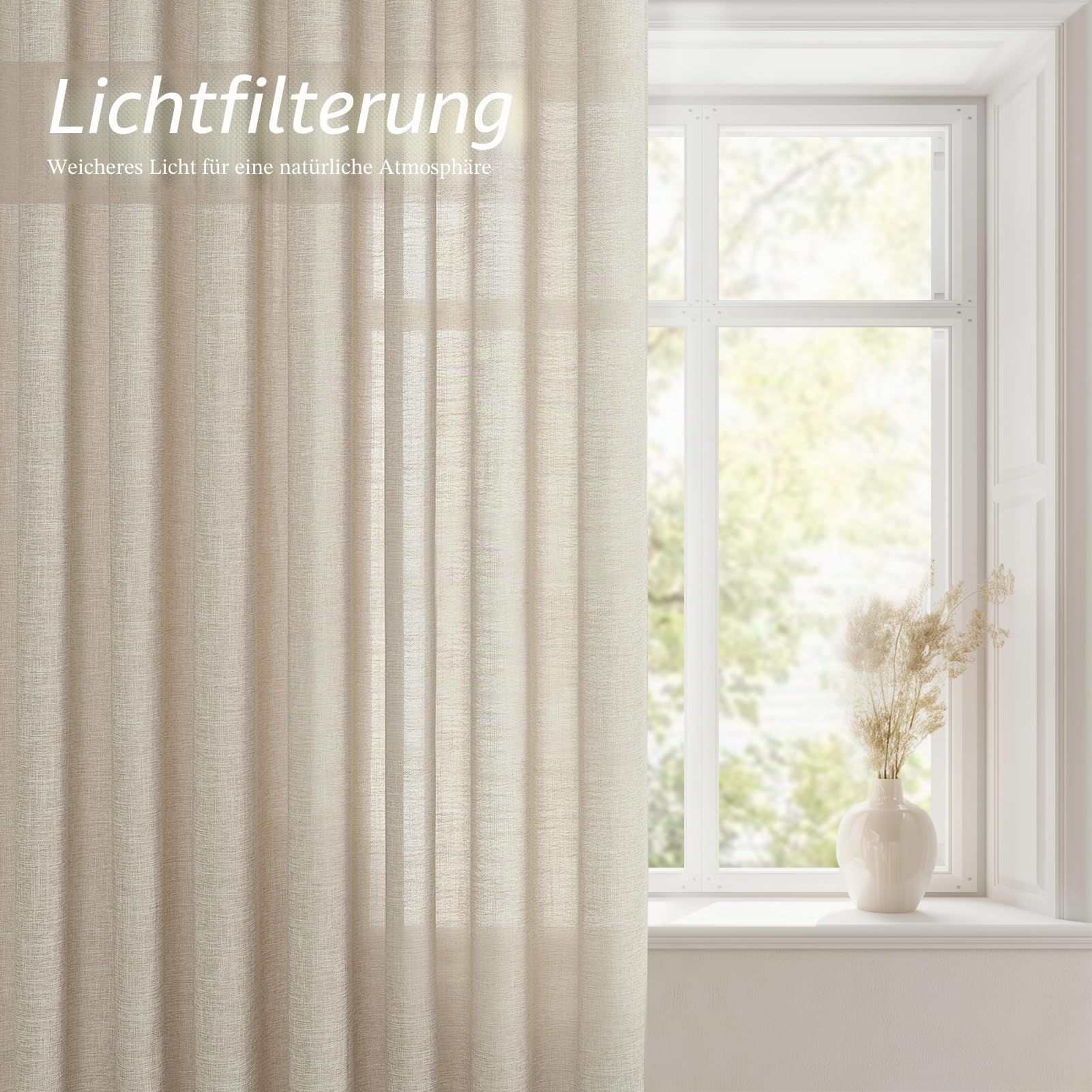 Topfinel 1er Set Leinenoptik Vorhänge Gardinen mit Ösen Halbtransparent Wohnzimmer, Beige Boho Leinen Vorhang H 240 x B 300 cm, Weich und Dünn Leinenvorhang Linen Curtains für Schlafzimmer Lounge