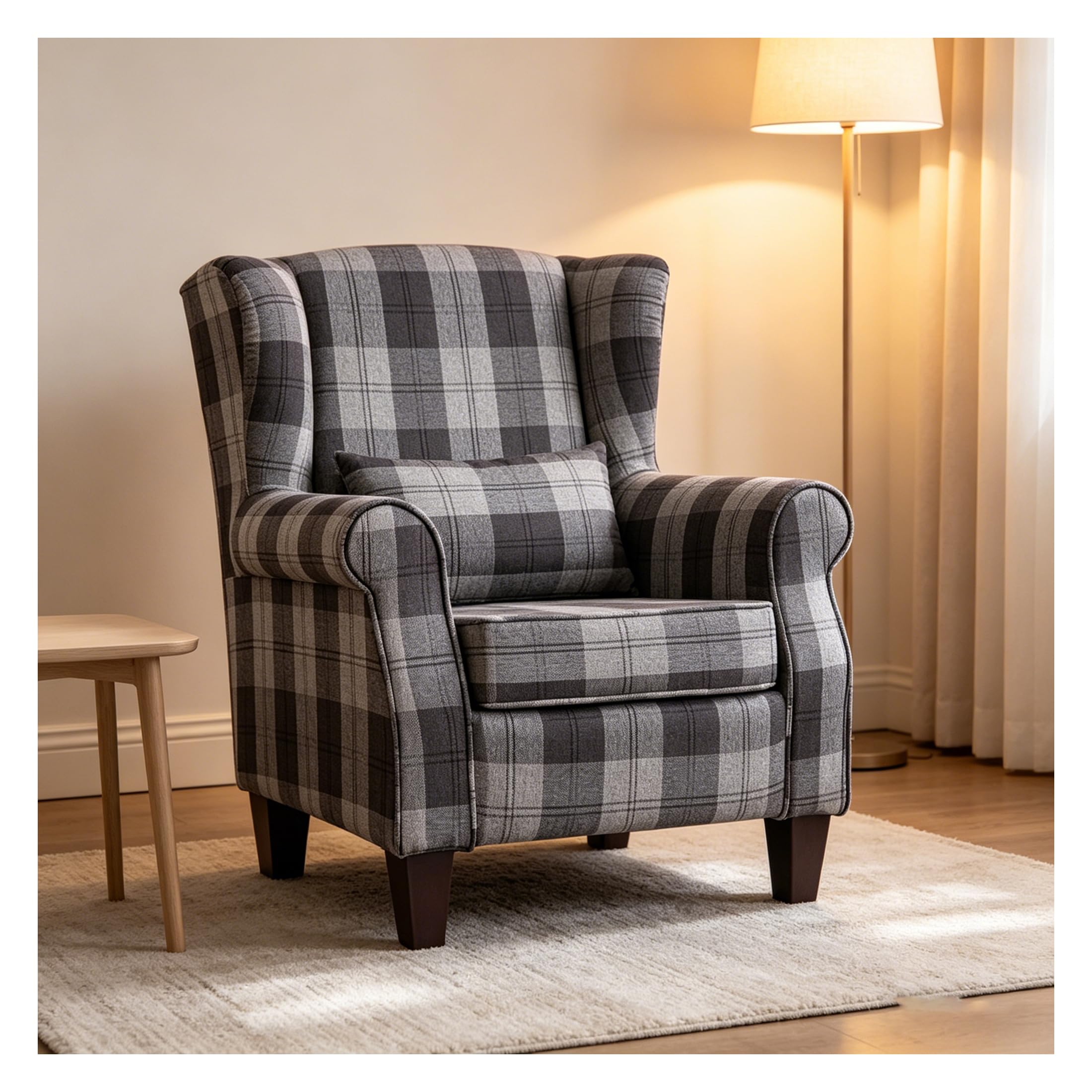 INMOZATA Wingback Armchair, Linen Fireside Chair with Waist Cushion, High Load Bearing 170LBS Accent Chair with Solid Walnut Wood Legs for Living Room Bedroom (Grey Check)