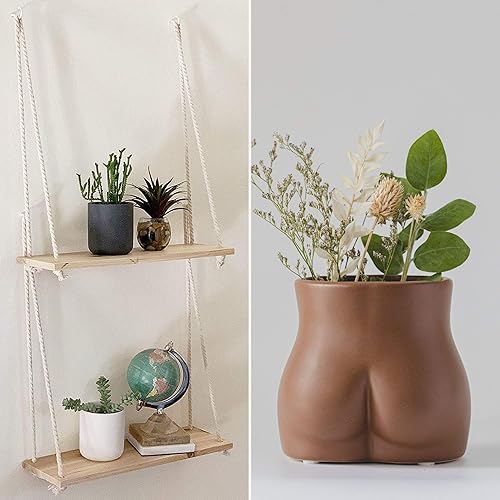 Ahorra 10 en estantes colgantes para pared Juego de 2 con ganchos Estante de madera de macramé, jarrón de cuerpo con forma femenina, jarrones para