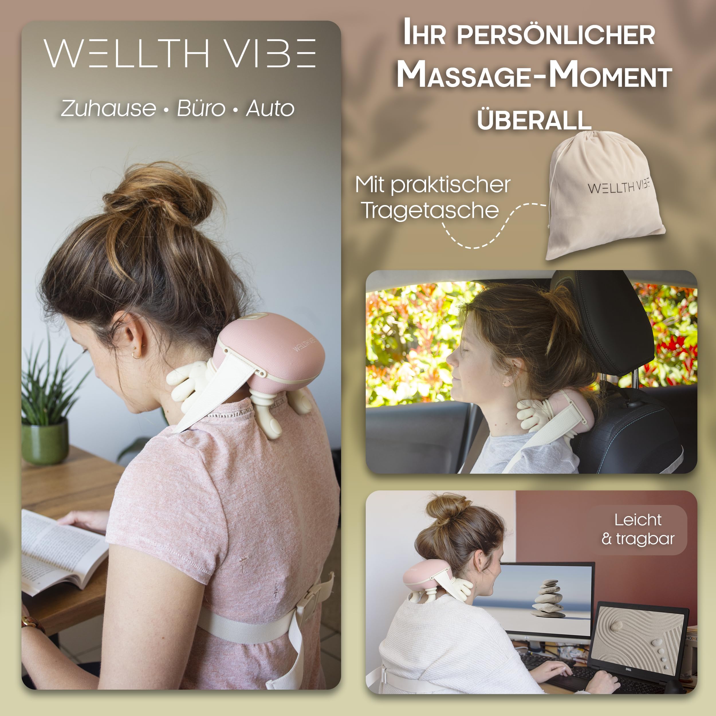 Nackenmassagegerät mit Wärme, Shiatsu Massagegerät für Nacken, Schultern & Rücken, 4D Tiefenmassage gegen Verspannungen, kabellos, wiederaufladbar, 3 Intensitätsstufen
