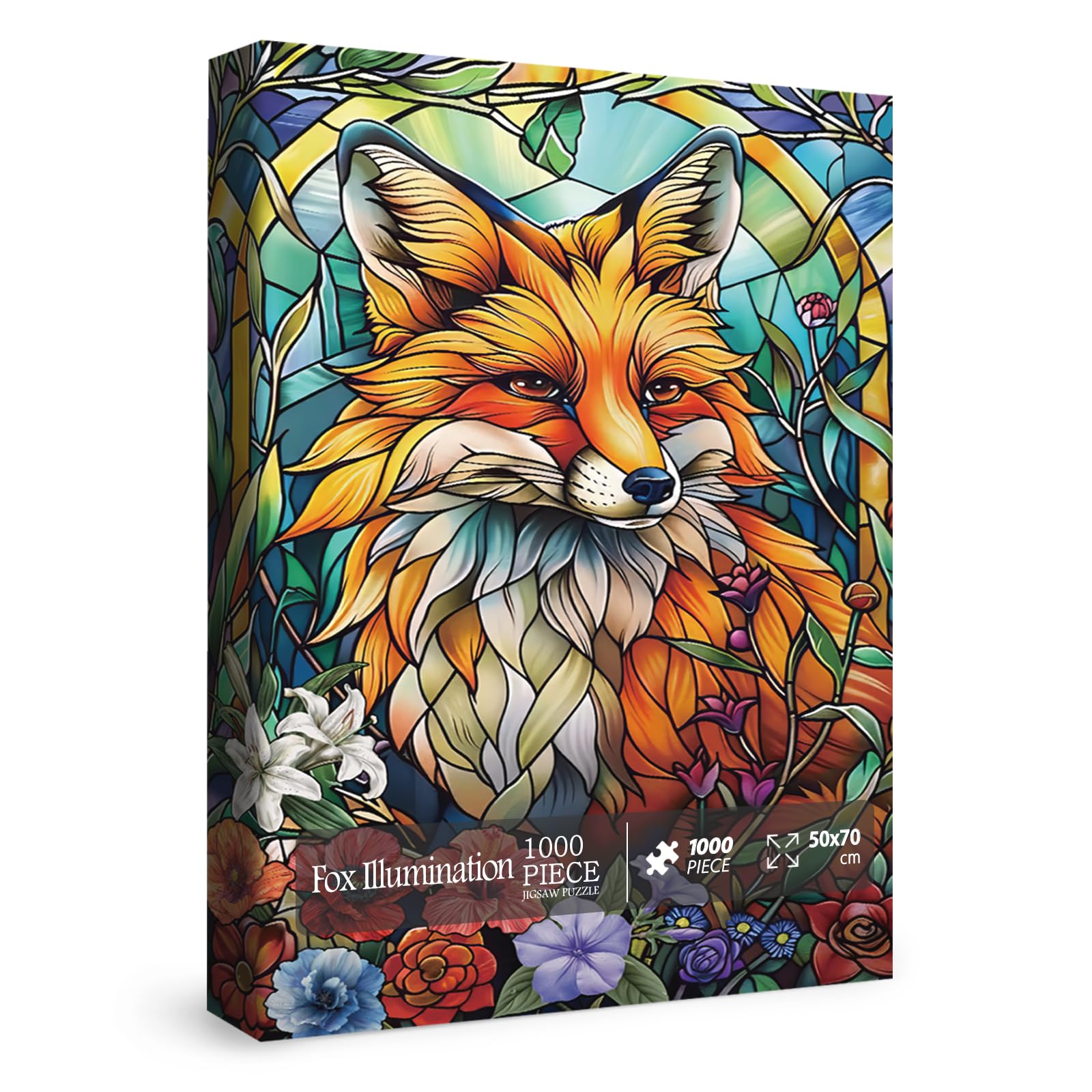 Stained Glass Fox Puzzle for Adults 1000 Piece, Mosaic Animal Flower Jigsaw Puzzles, Nature Plant Art Puzzle