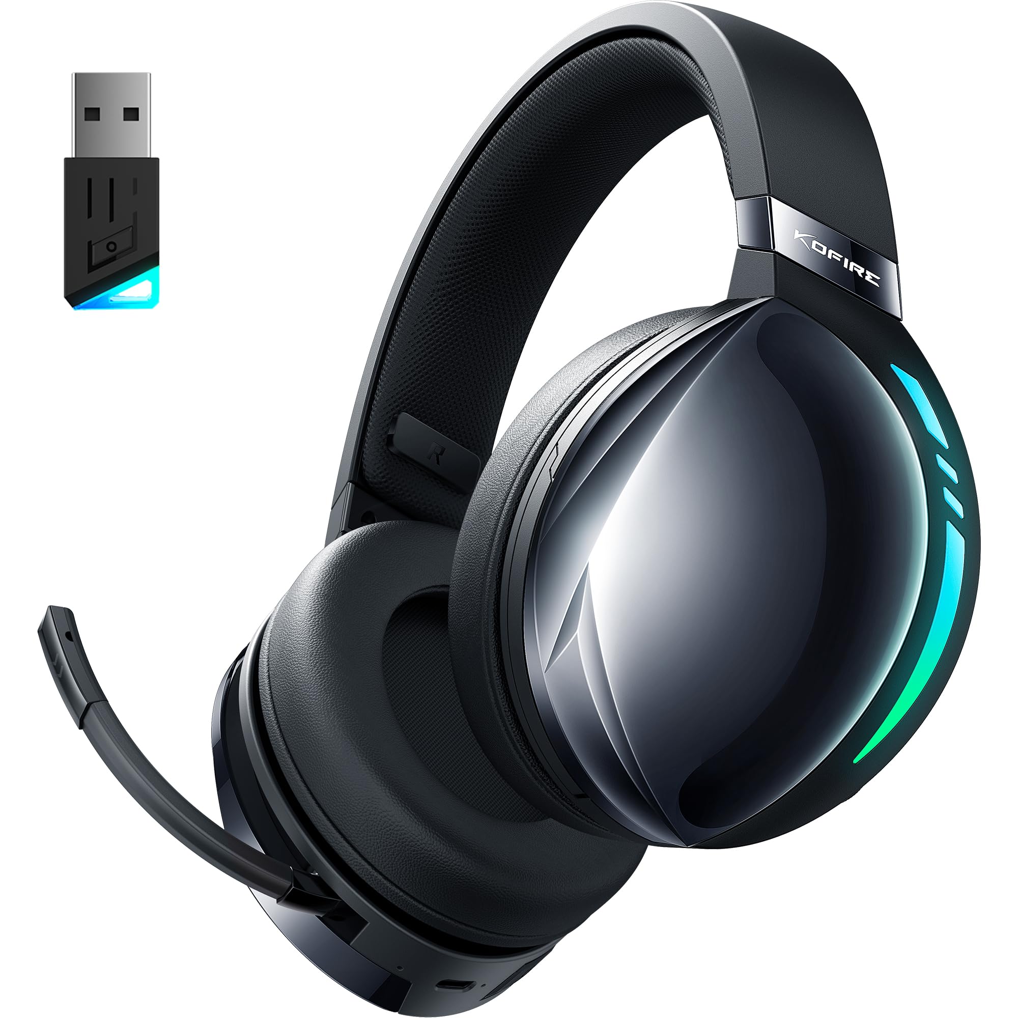 KOFIRE UG-06 Wireless Gaming Headset, 2.4GHz Bluetooth Gaming Headphones with Noise Cancelling Microphone, 3D Stereo Sound, 65Hr Battery Life Headset for PS5, PS4, PC, Switch, Mac, RGB Light, Black