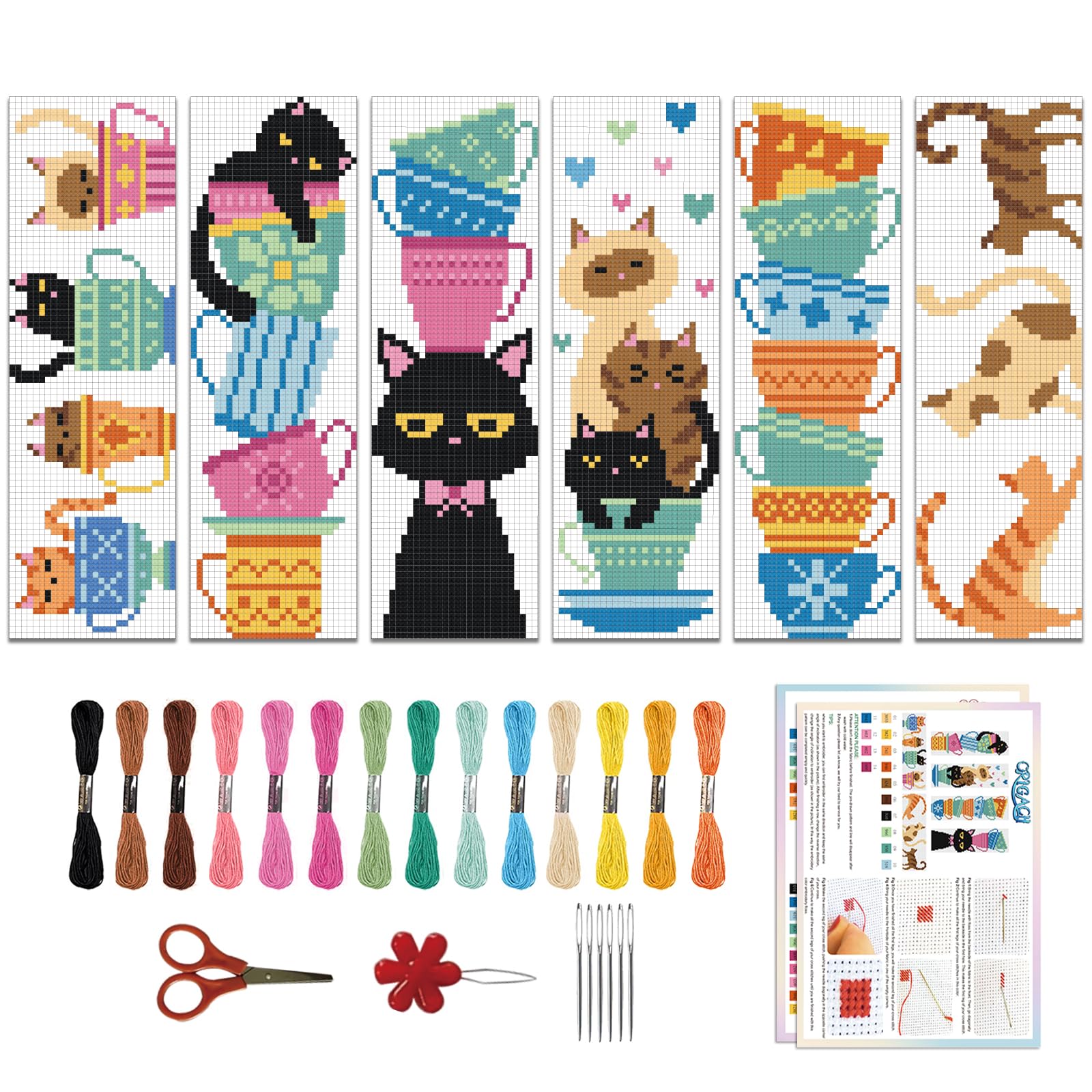 ORIGACH 6 Pcs Cross Stitch Bookmark Kit for Beginner with Backing Felt Floss Instruction Cat Teacup DIY Stamped Embroidery Bookmark Kit for Starter