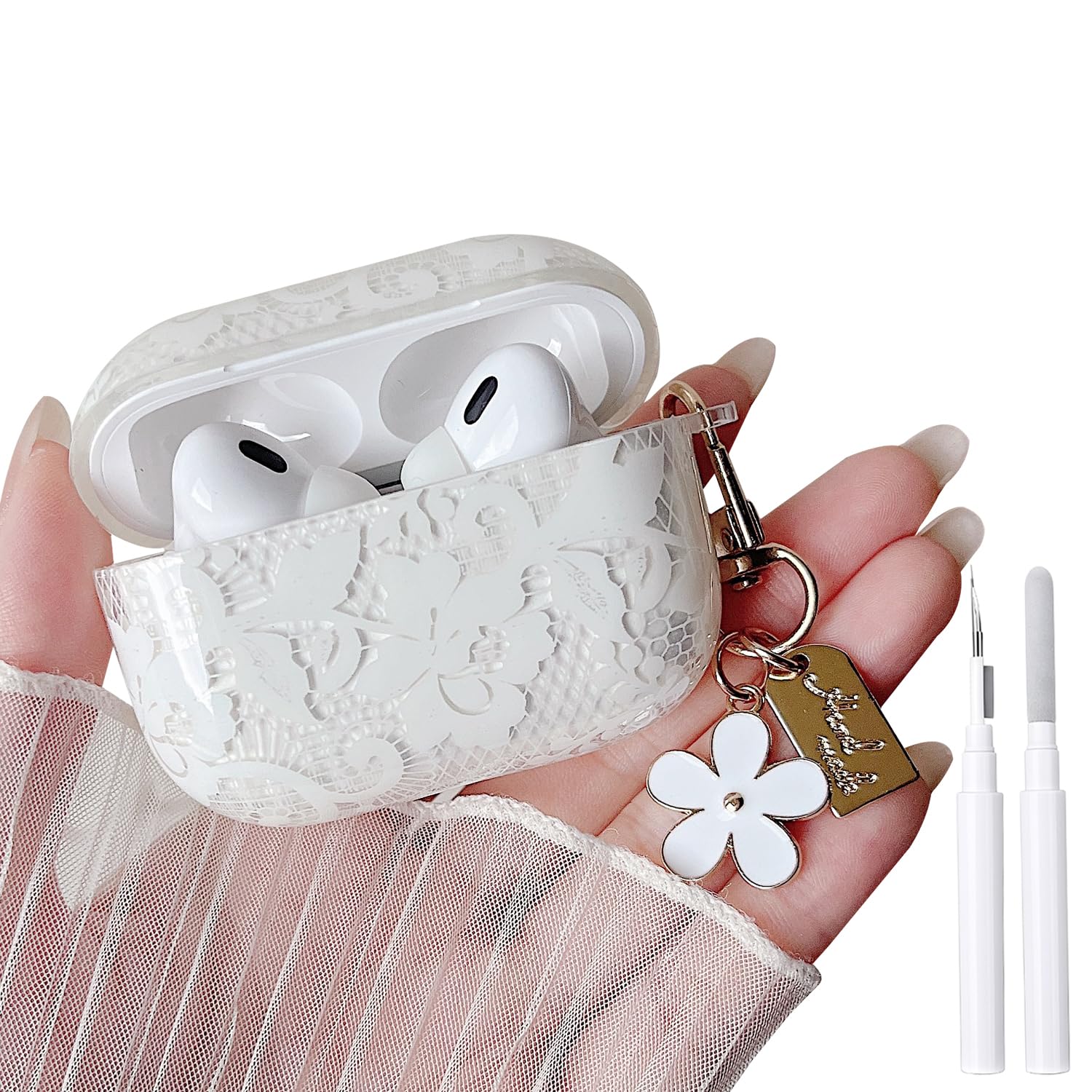 MINSCOSE for AirPods Pro/Pro 2 Clear Case,Cute Lace Flower Pattern Design with Trendy Keychain,Soft TPU Protective Shockproof Cover with Cleaner Kit for Girls Women for AirPods Pro/Pro 2-White