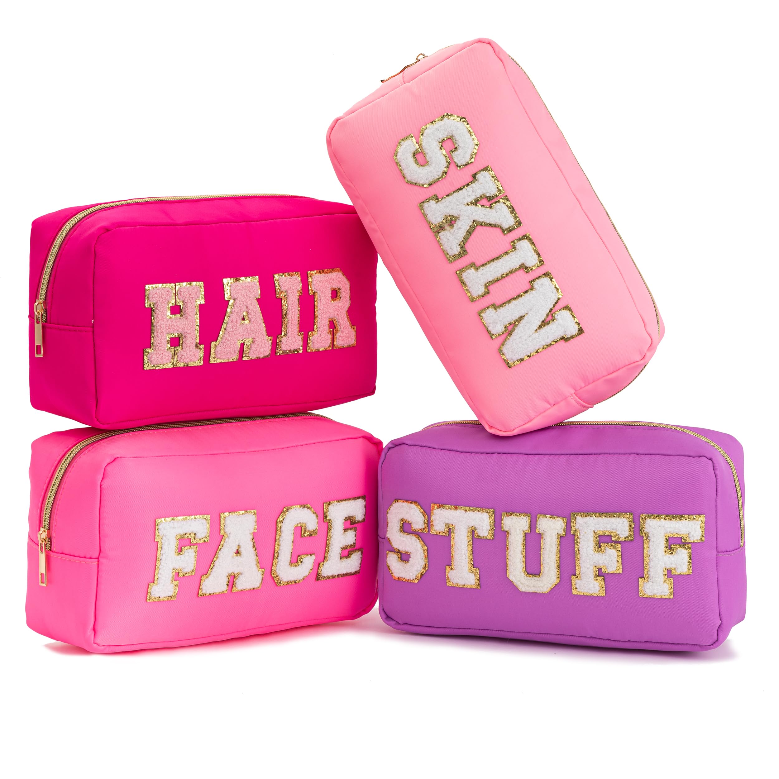 HBselect4 Pcs Preppy Makeup Bag Travel Stuff Bag Chenille Letter Patch Nylon Cosmetic Bag Large Capacity Portable Toiletry Bag Waterproof Makeup Organizer Bag Set for Women Teen Girl