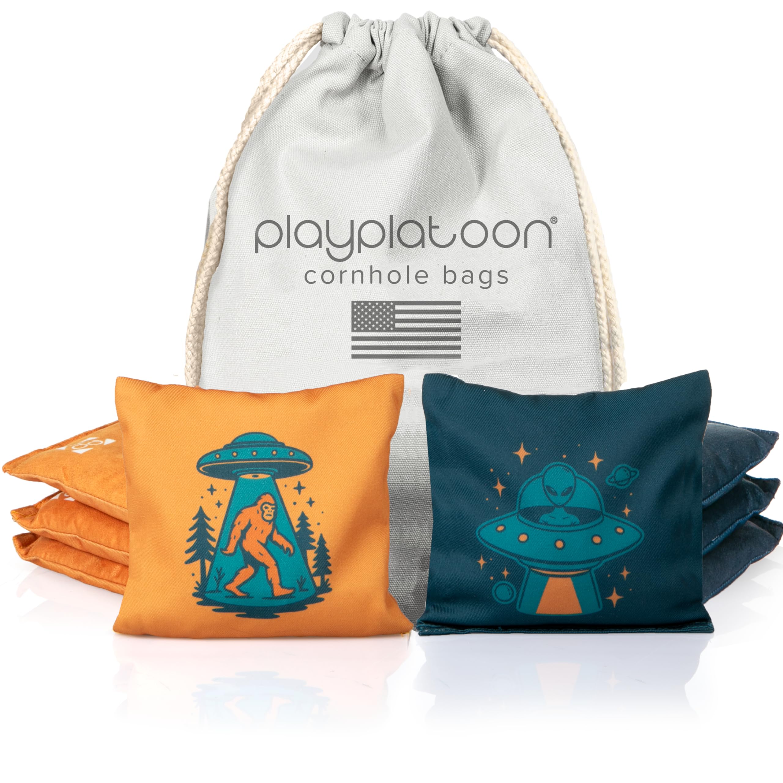 Photo 1 of **Only 4**Play Platoon Professional Cornhole Bags Set of 8 - Regulation All Weather Double Sided Pro Corn Hole Bags - Sticky Side/Slick Side for Pro Cornhole Game - Blue/Orange Alien & Sasquatch