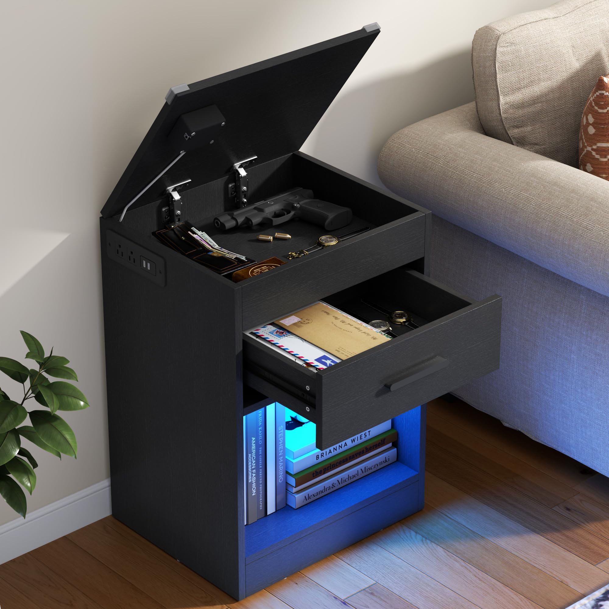 サイドテーブルナイトスタンド　２つの引出し収納付き Amazon.co.jp: LEDナイトスタンド 充電ステーションとRFIDロック