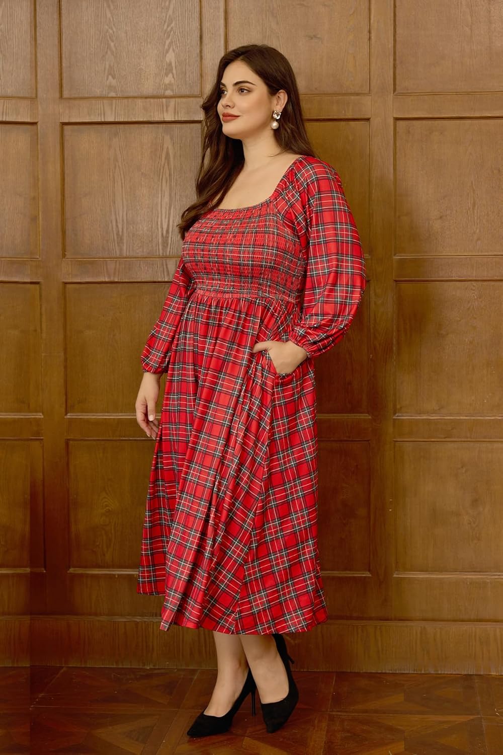 RITERA Plus Size Dresses for Curvy Women Square Neck Fall Long Sleeve Floral Smocked Maxi Dress with Pocket XL-5XL - Image 4