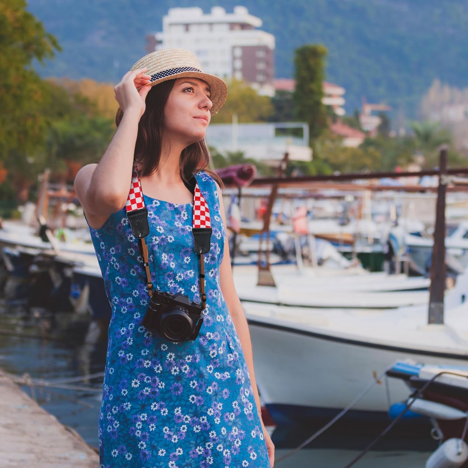 Padwa Lifestyle Red White Plaid Camera Strap - 2" Wide Double Layer Cowhide Head,Cotton Camera Straps for Photographers,Grid Pattern Adjustable Camera Shoulder Neck Strap for All DSLR Cameras - Image 4