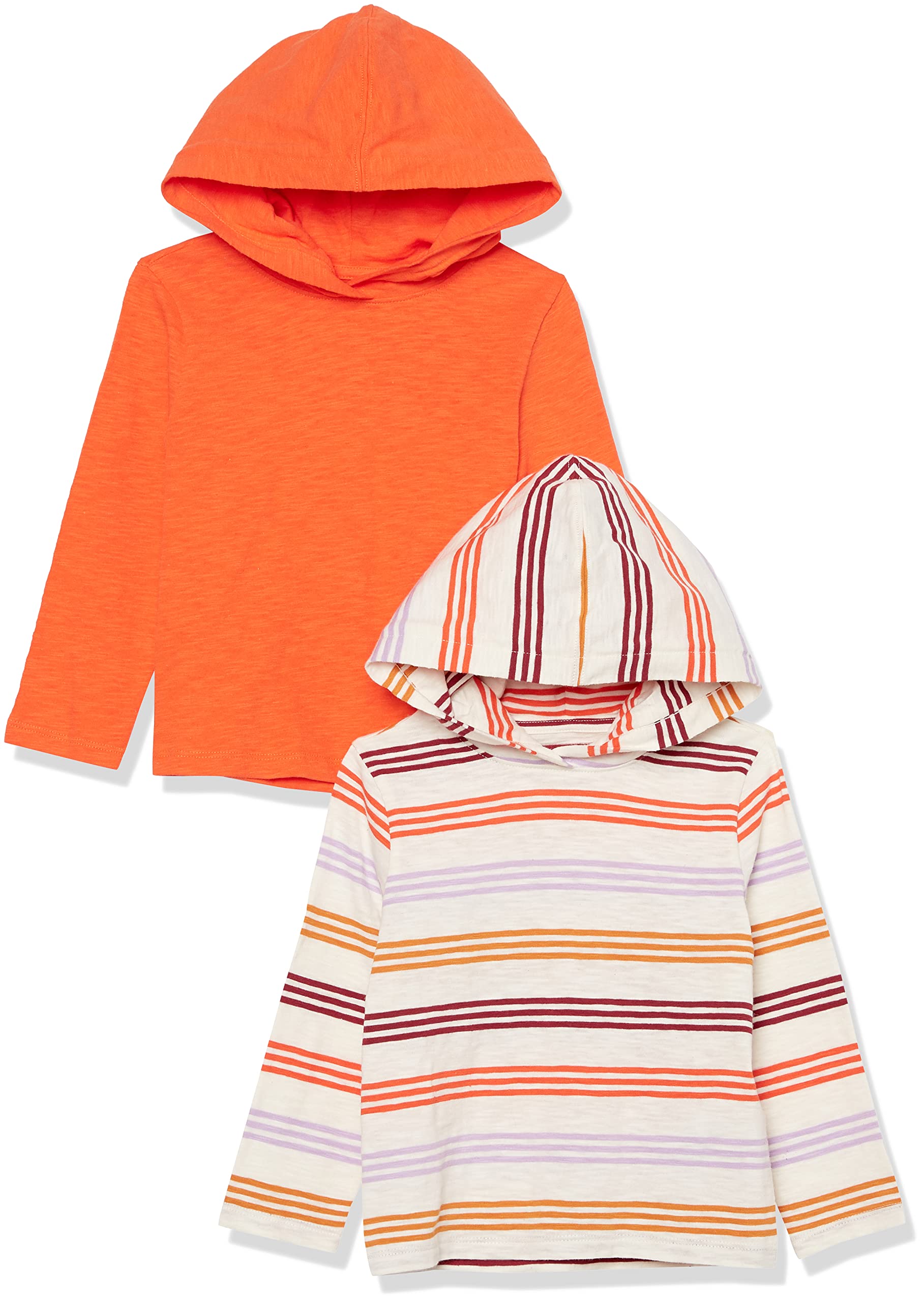 Amazon Essentials Toddler Boys' Lightweight Long-Sleeve Hooded T-Shirt, Pack of 2, Beige Stripe/Orange, 3T