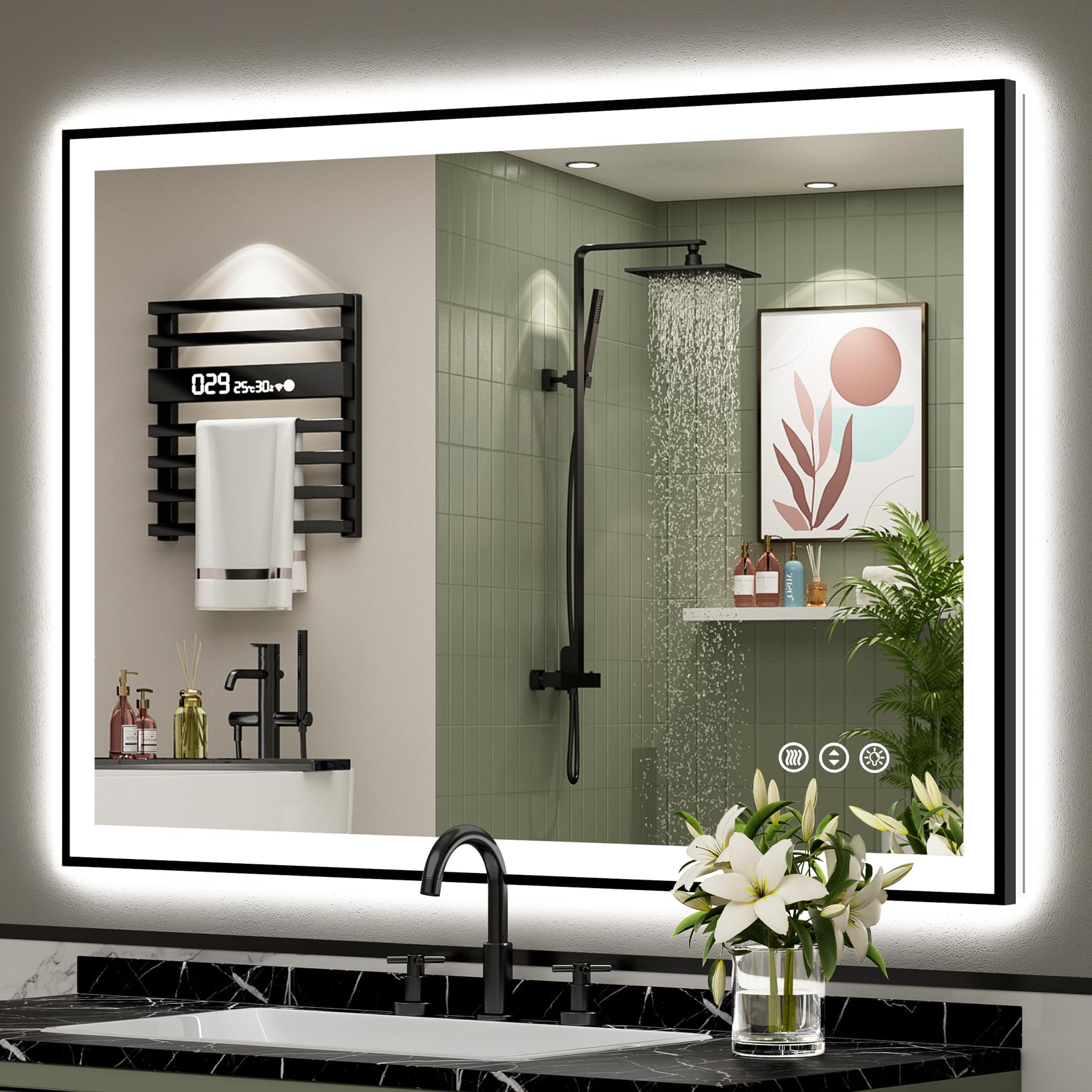 48x36 Black Framed LED Bathroom Mirror with Lights, Backlit and Front Lit Anti-Fog Lighted Vanity Mirror for Bathroom Wall, Dimmable, 3 Colors, Memory, Shatter-Proof, HD Tempered Glass, CRI 95