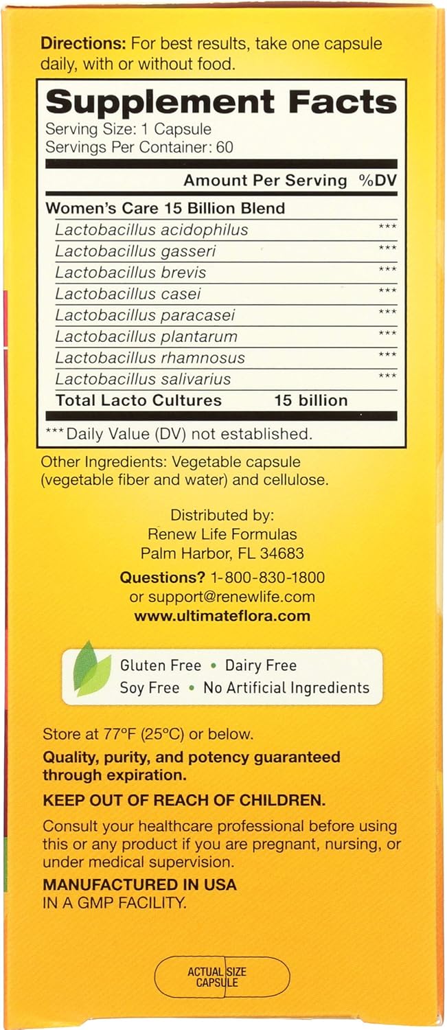 Renew Life Women's Probiotic Capsules, Supports Vaginal, Urinary, Digestive and Immune Health, L. Rhamnosus GG, Dairy, Soy and gluten-free, 15 Billion CFU, 60 Count