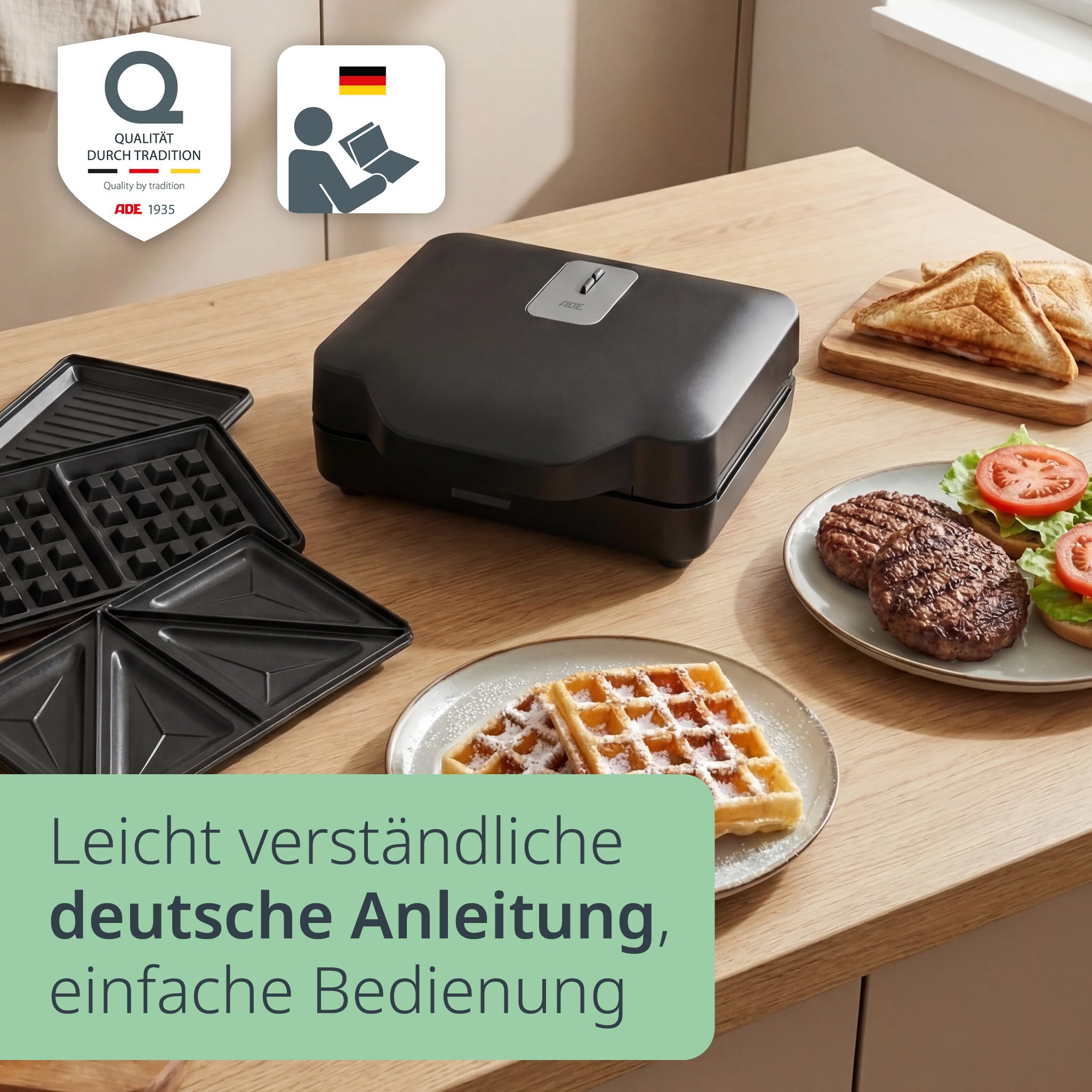 ADE 3-in-1 Sandwichmaker | Sandwichtoaster & Panini-Maker | 800W | Antihaft | Waffeleisen & Kontaktgrill mit 3 Wechselplatten | belgische Waffeln & goldbraune Toasts fürs Sonntagsfrühstück