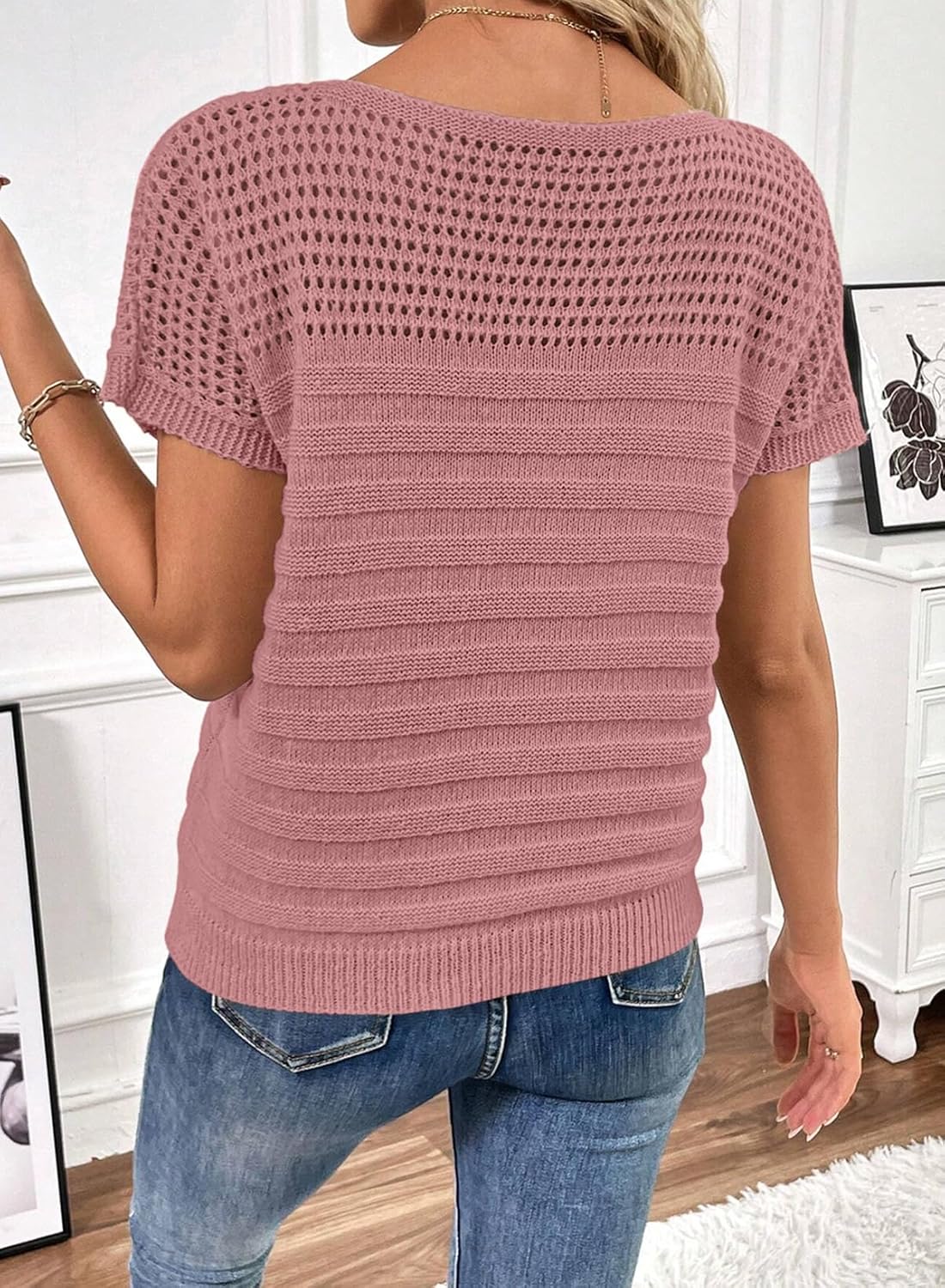 SHEWIN Womens Sweaters Crew Neck Short Sleeve Shirts Summer Tops Knit Hollow Out T Shirts Sweater Blouses - Image 4