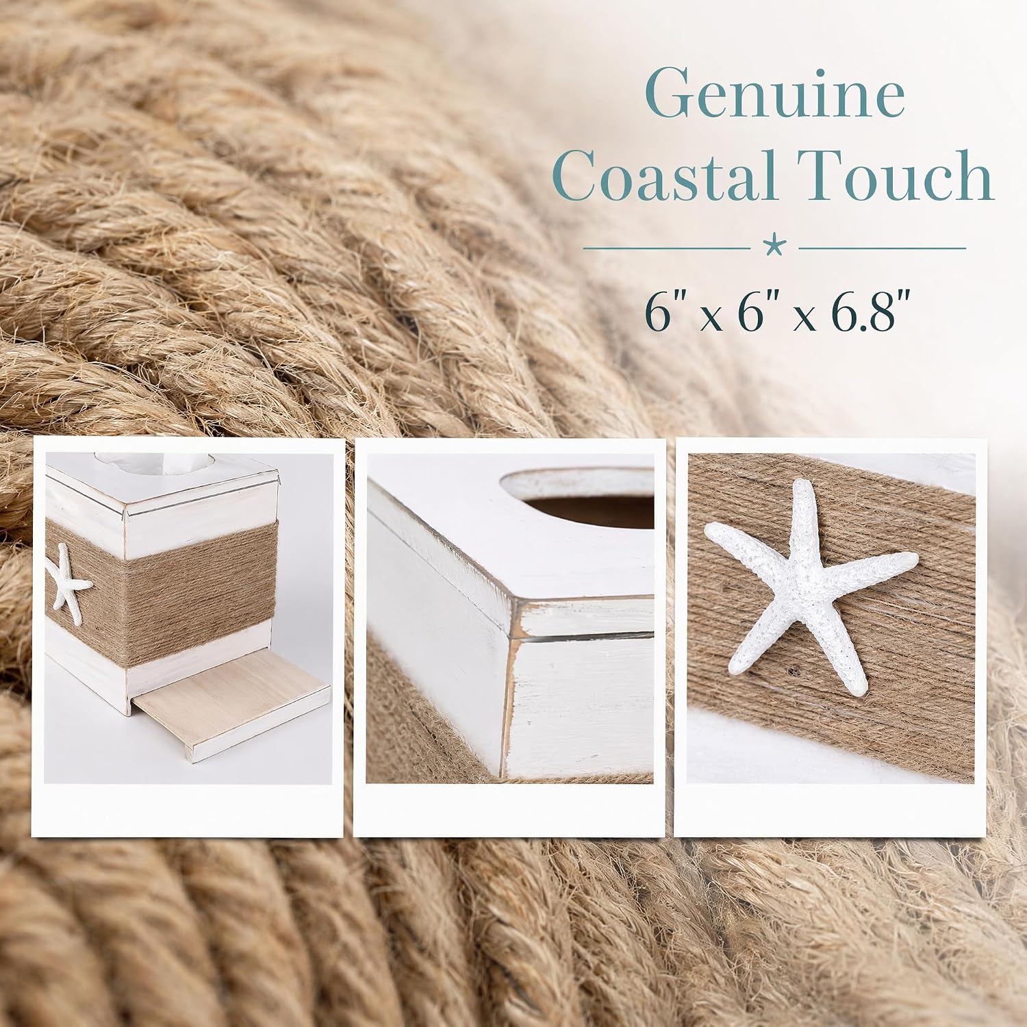 White Square Tissue Box Cover for Bathroom Home Use, Coastal Nautical Starfish Design Vintage Rustic Beach Decor, Slide-Out Bottom Tissue Holder for Beach Bathroom & Room Decoration