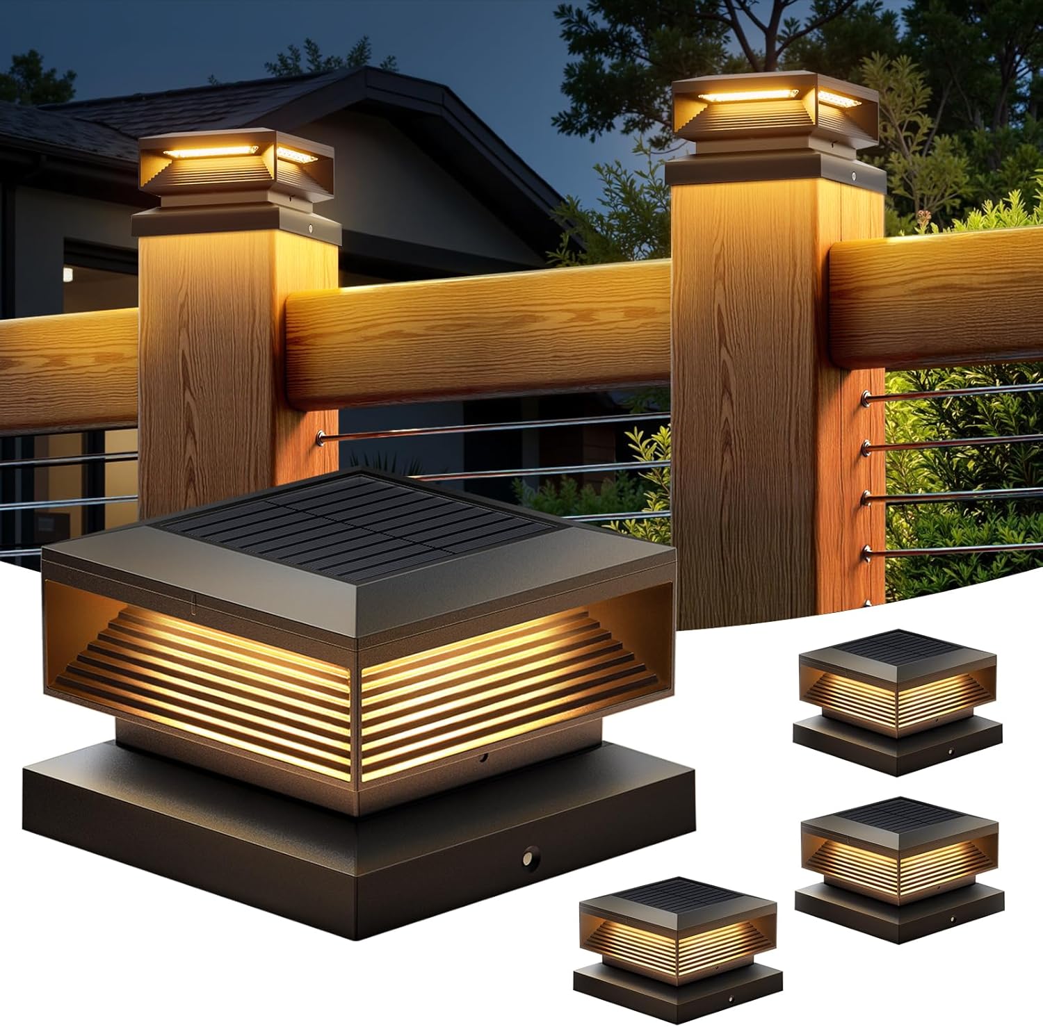 LETMY 2X Bigger Size Solar Post Cap Lights Outdoor 4 Pack, 56 Brighter LEDs Fence Post Solar Lights Outdoor Waterproof with 3 Modes for 4x4, 5x5 or 6x6 Vinyl Wooden Posts