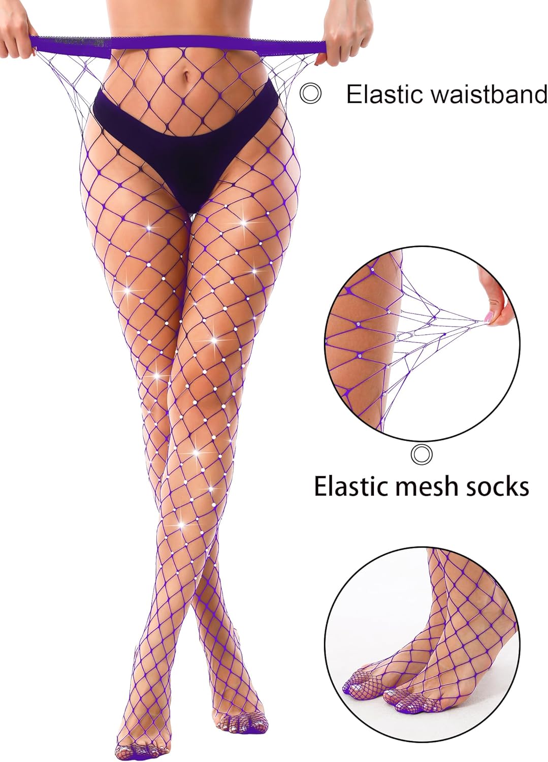 VEBZIN Sparkly Large Mesh Fishnet Tights Glitter Rhinestone Fishnets Stockings - Image 7