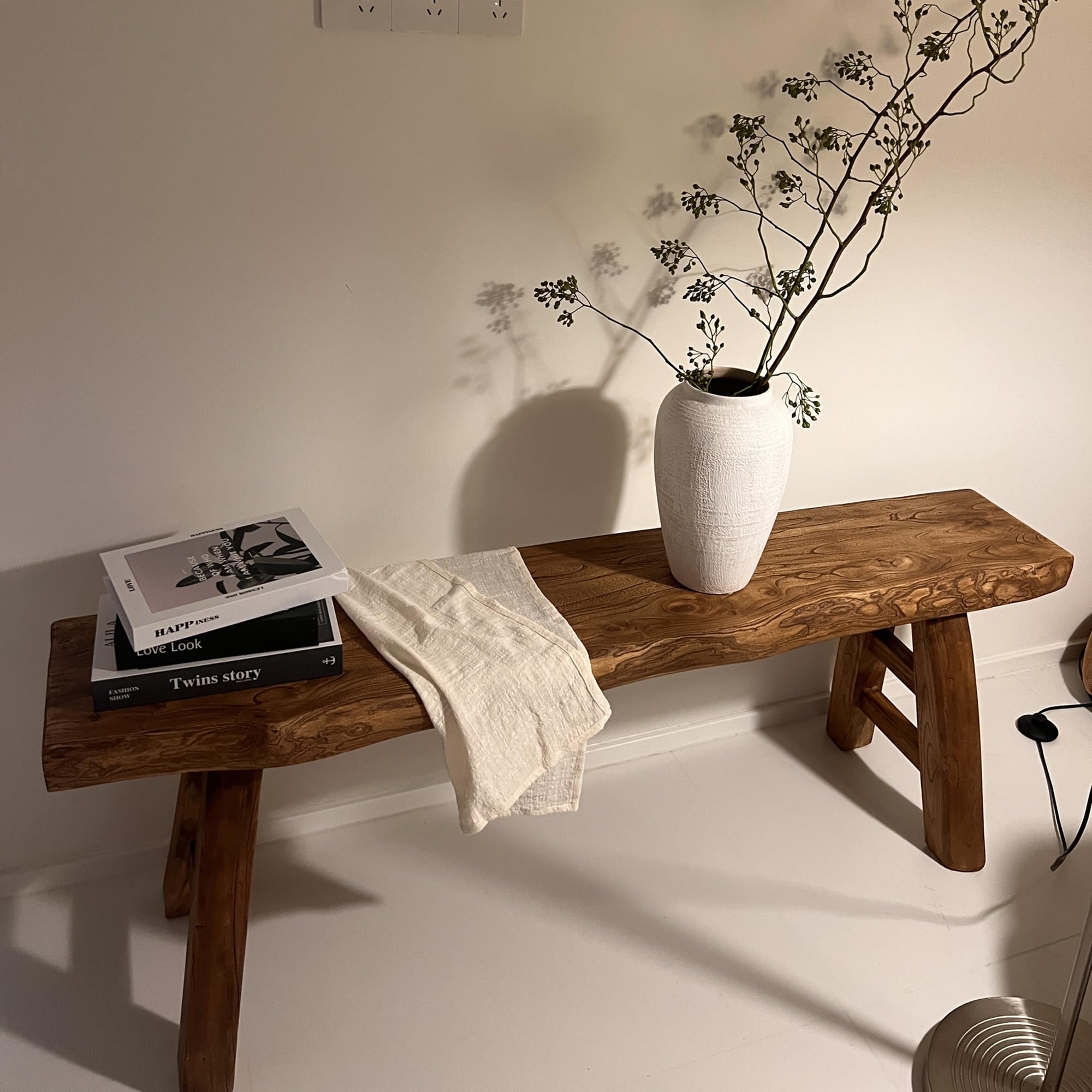 Banc de Salle à Manger d'intérieur en Bois Massif de Style Ferme, Banc étroit à Bord Naturel, Bout de lit de Chambre, d'entrée de Cuisine en Bois Asiatique avec Design sans accoudoirs