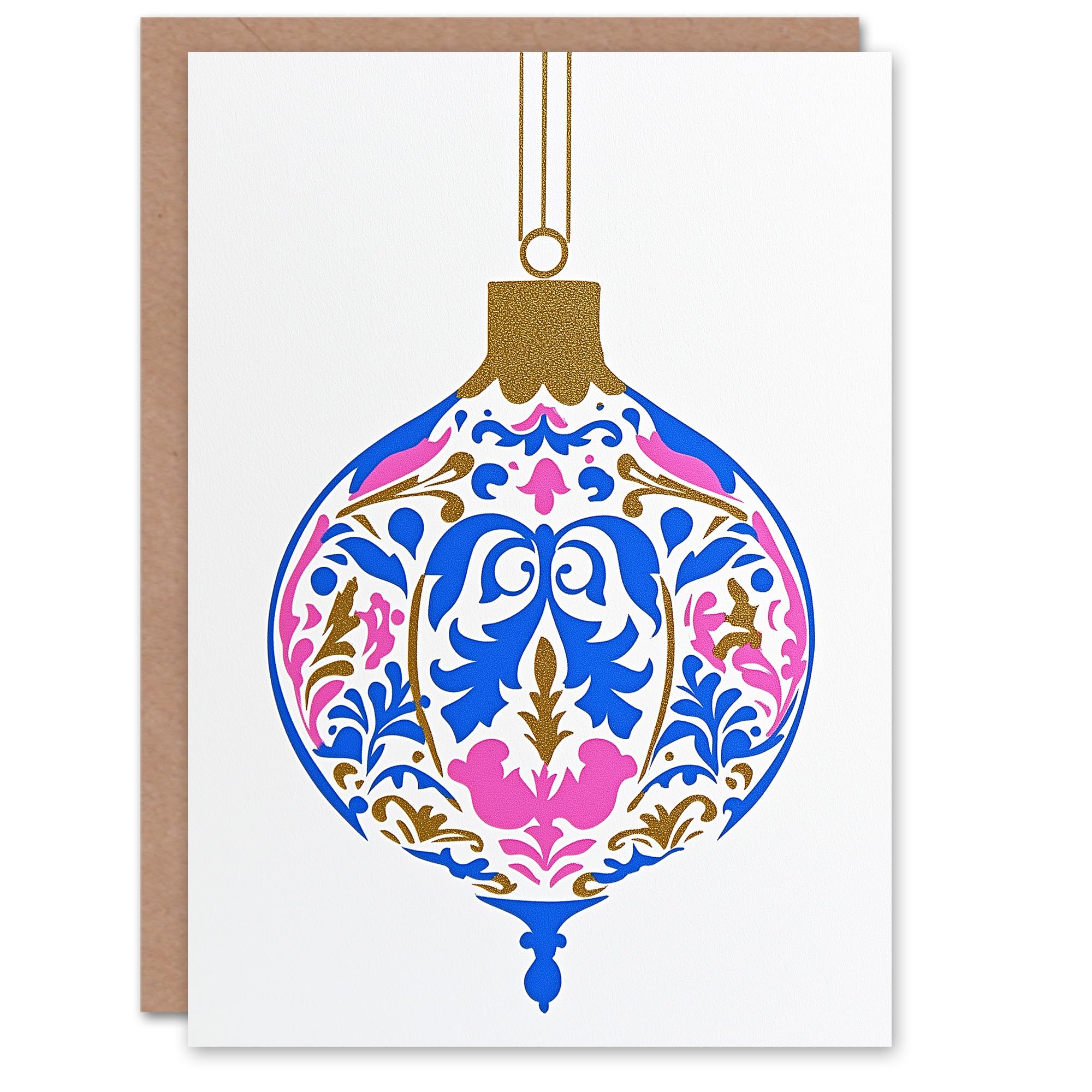Finial Art Nouveau Bauble Pink Blue Gold Modern Festive Xmas Christmas Card