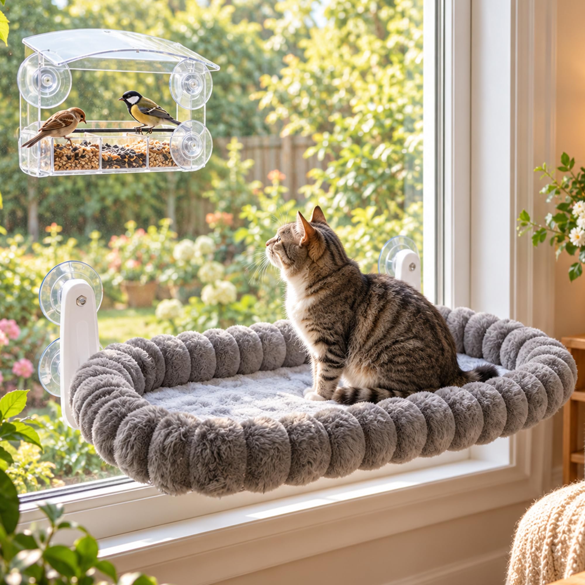 Cat Window Perch with Bird Feeder, Plush Suction Cup Window Cat Bed, M Size