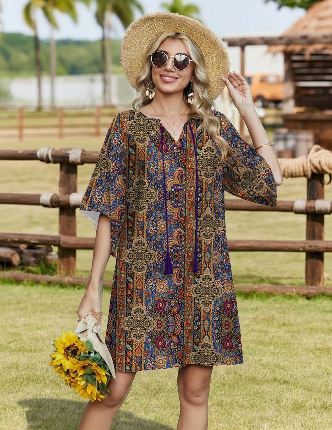 Zeagoo Womens Casual Summer Dress Boho Beach Dresses Tassel Tie Neck 2026 Floral Cover Up Spring 3/4 Sleeve Mini Sundress - Image 4