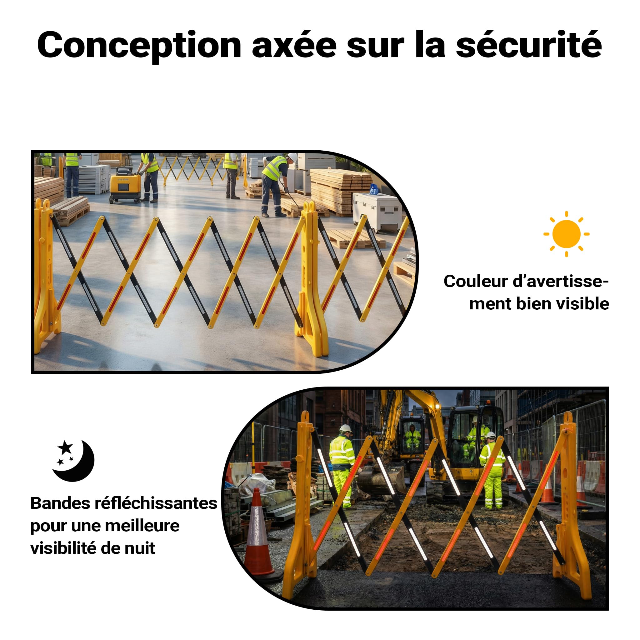 Wiltec Barrière extensible 250 cm en plastique, barrière à ciseaux avec bande réfléchissante, remplissable et pliable