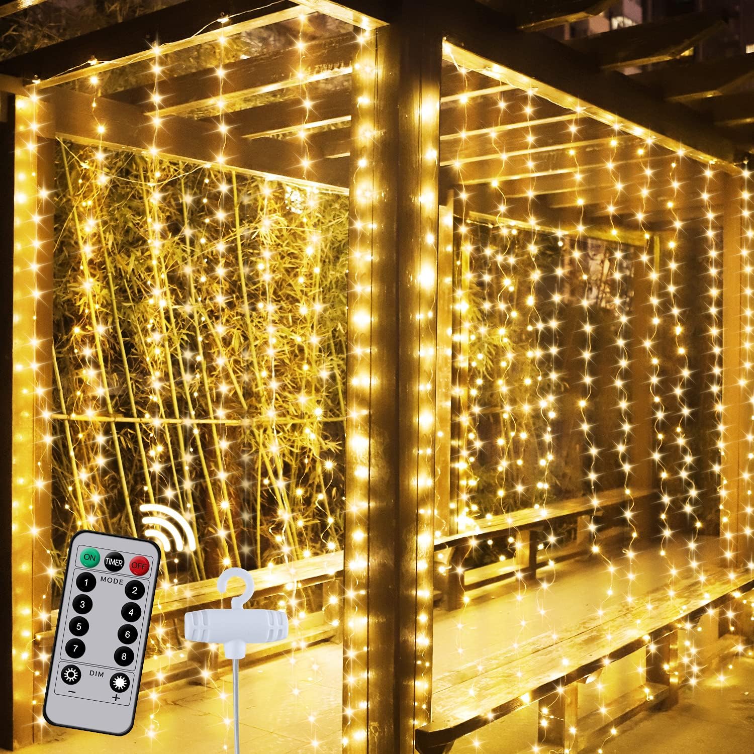 AJIJING Curtain Lights, 300 LED 8 Modes Hanging LED Curtain Lights for Bedroom,9.8×9.8 Ft Remote Control USB Powered Waterproof Christmas Fairy String Lights for Indoor, Wedding,Party, Home Decorations (Traditional)