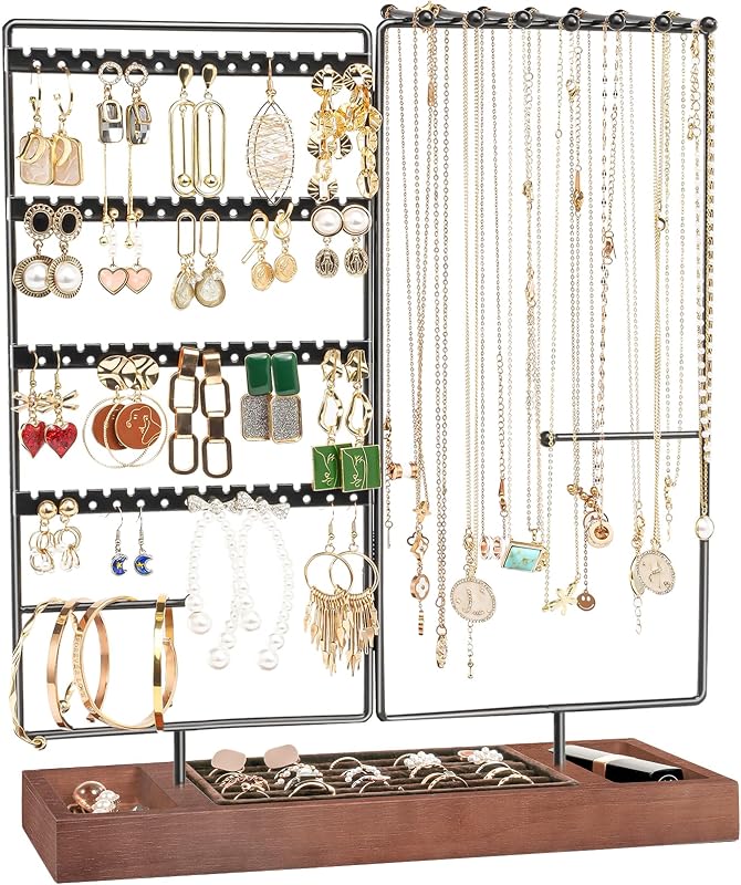ProCase Organizador de Joyas, Soporte para Pendientes, Organizador de Pendientes de 6 Niveles, Estante para Collares de Árbol, Torre de Joyería, Soporte para Pulseras, Almacenamiento con Bandeja de Anillos de Madera Extraíble para Mujeres y Niñas -Negro