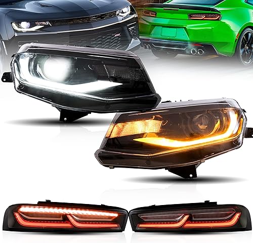 VLAND Conjunto de faros y luces traseras para Chevrolet Camaro 6 generación 2016-2018 (LT, SS, RS, ZL, LS) con animación de inicio, rojoblanco y