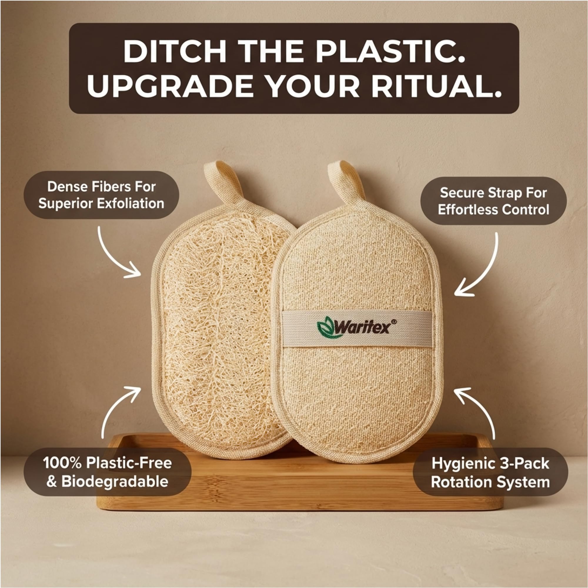 LOOFAH egipcio natural, forma ovalada, esponja exfoliante 100% orgánica con correa de mano, limpiador de baño ecológico para una piel suave y brillante (3)