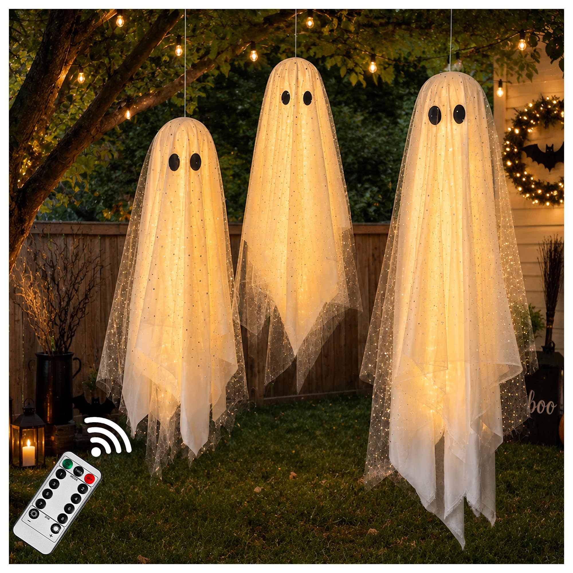AYGXU Halloween Decorations outdoor/indoor-3pcs Hanging Ghost Decor with Light,Halloween Ornaments,Hallowee n Decor for Porch,Tree,Yard,Window,Garden