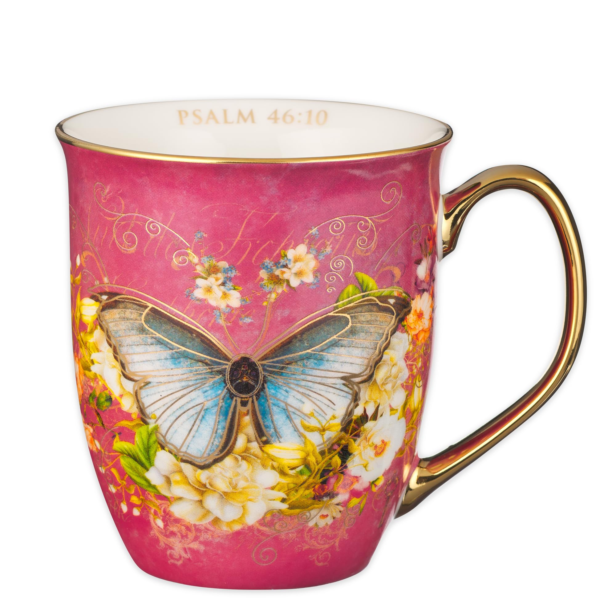Christian Art Gifts Pink Butterfly Ceramic Coffee Mug with Gold Accents – 14 oz. Lead and Cadmium-free Inspirational Scripture Coffee and Tea Mug for